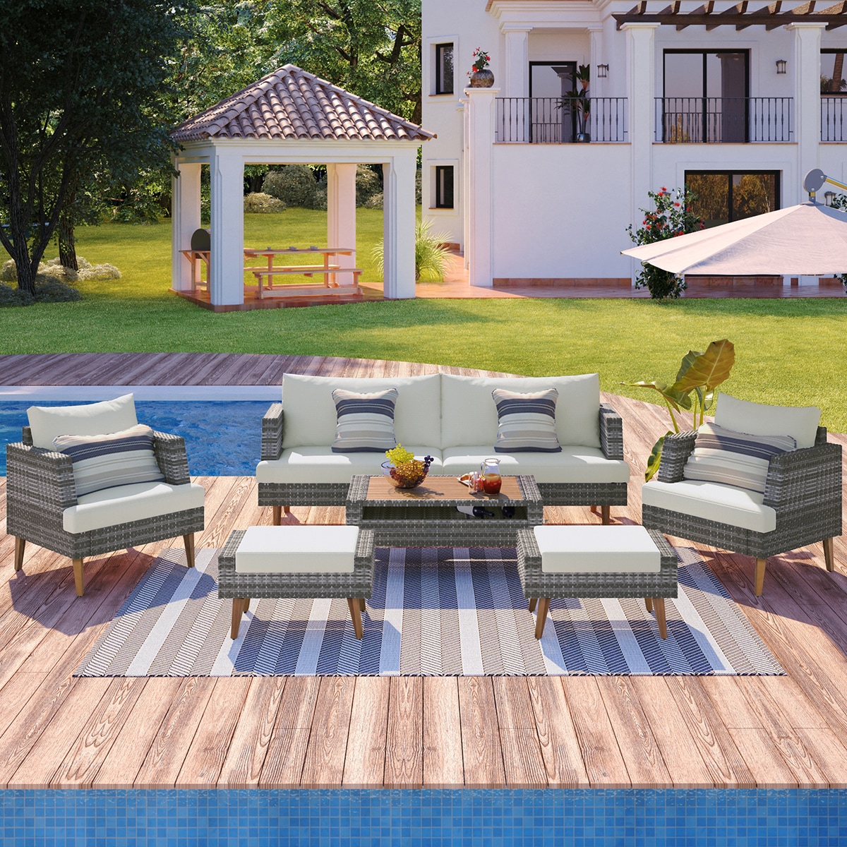 Mondawe OR-SH-036CAA-TM 6 -Piece Wicker Patio Conversation Set with Beige Cushions