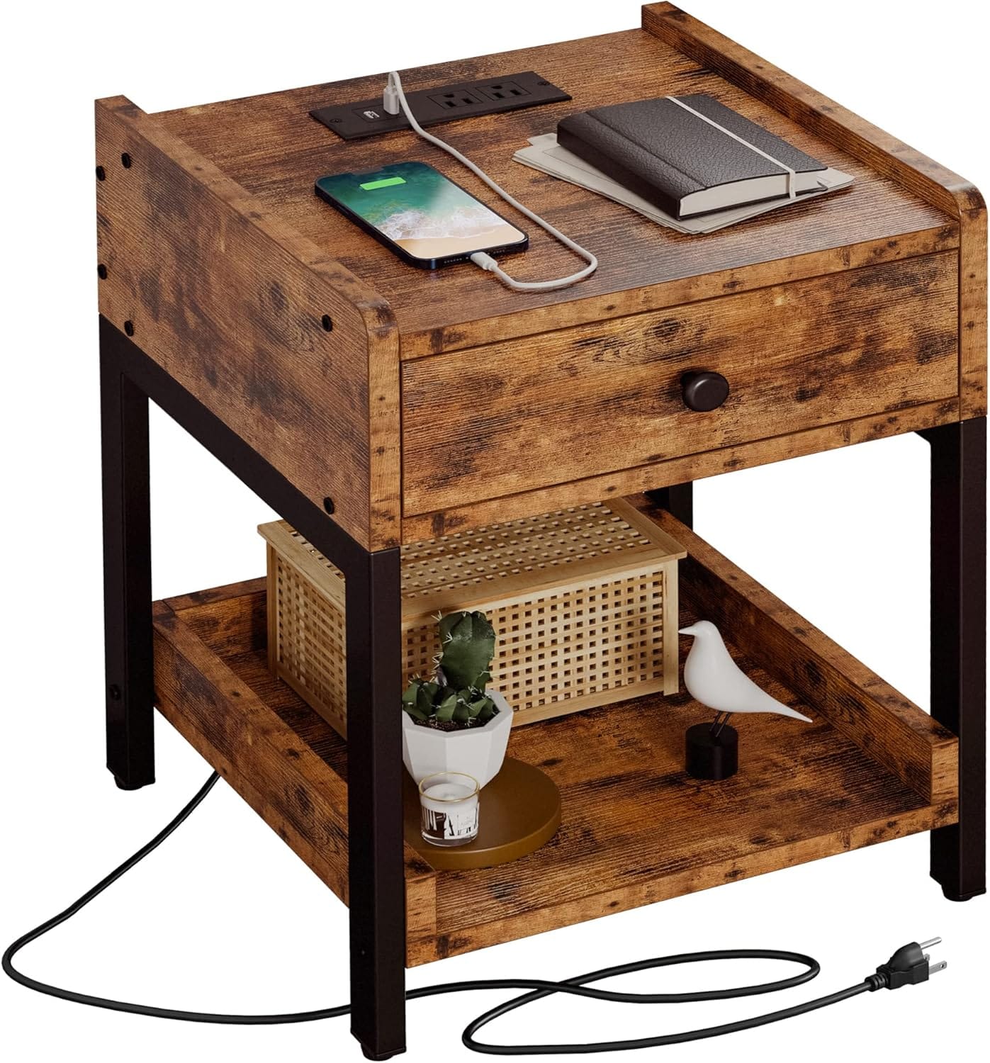 Likimio PHWJLIUSXIX2VCOC 16-in W Brown Night Stand with Charging Station and Storage Drawer and Shelf