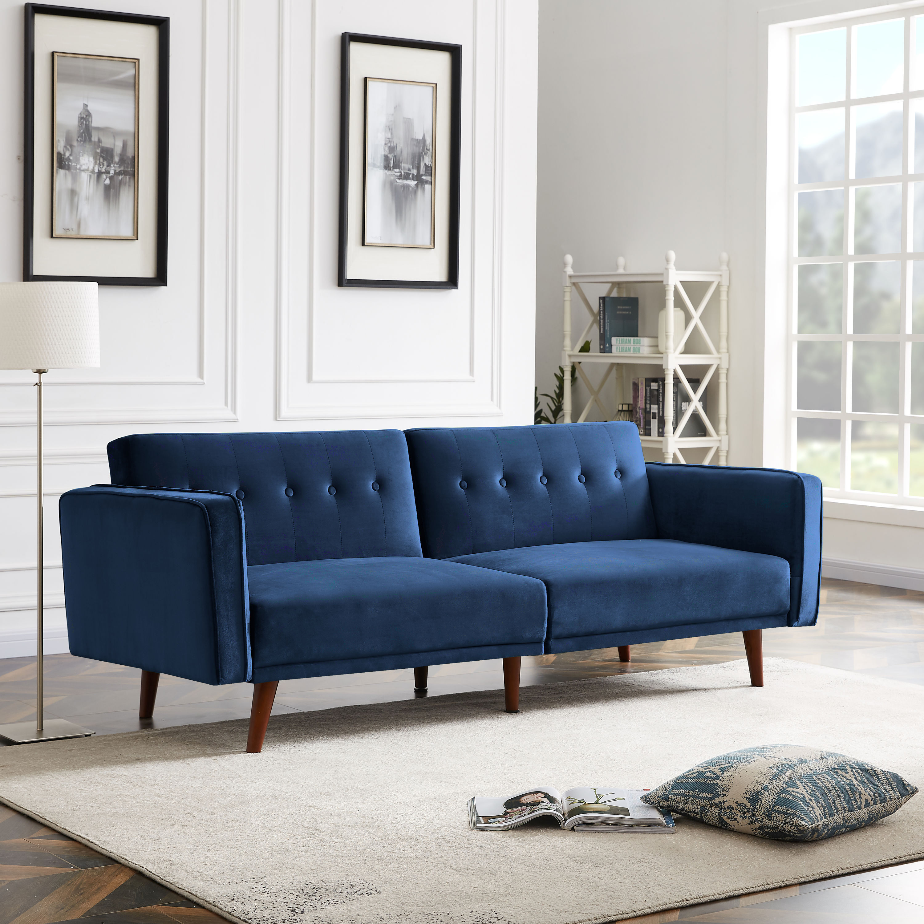 CASAINC Modern blue velvet sofa Modern Blue Cotton Reclining Sofa in ...