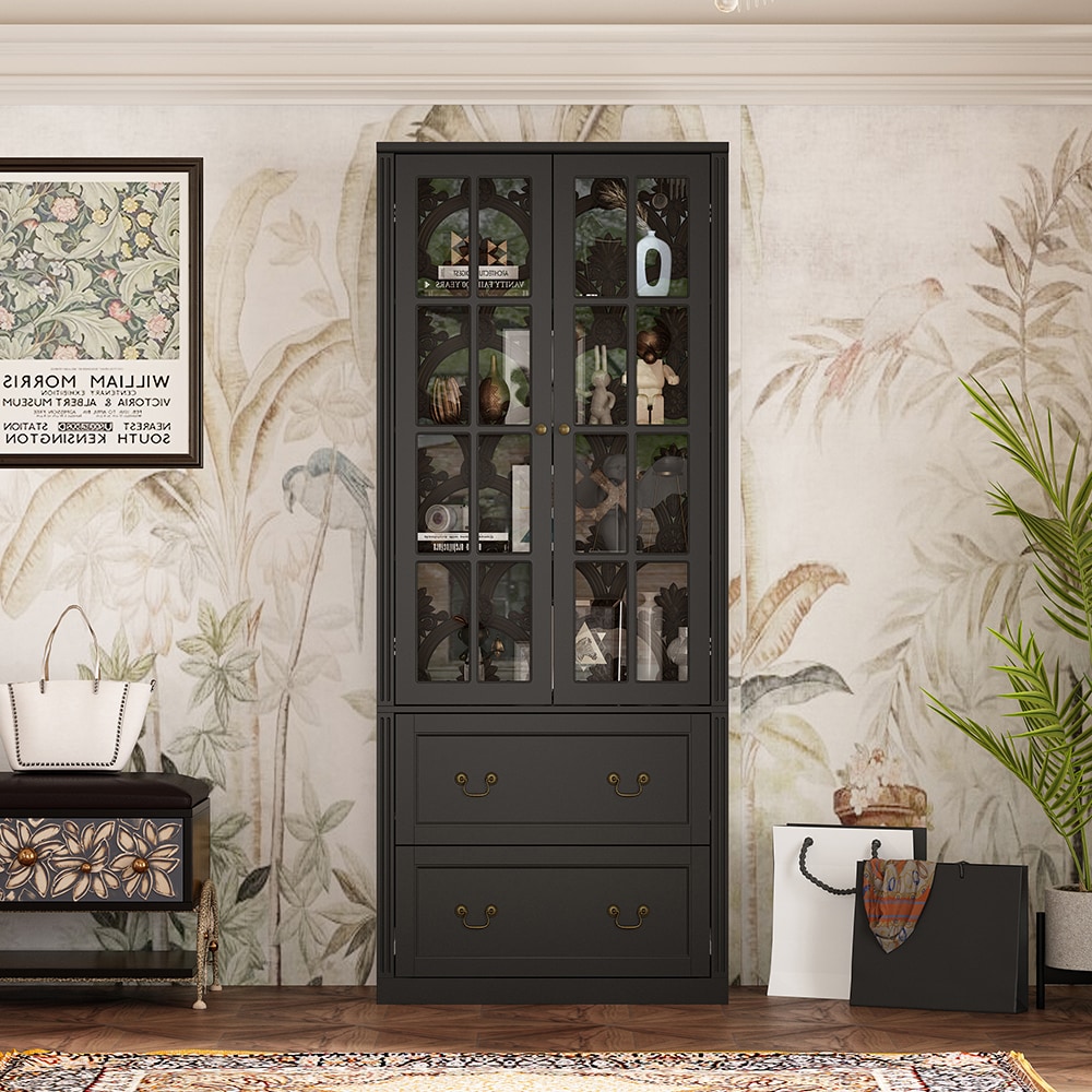 Homsee  Wooden Bookcase with Glass Doors Adjustable Shelves and 2 Drawers Tall Cabinet Storage Organizer for Office or Study 31.5''L x 15.7''W x 78.7''H Black