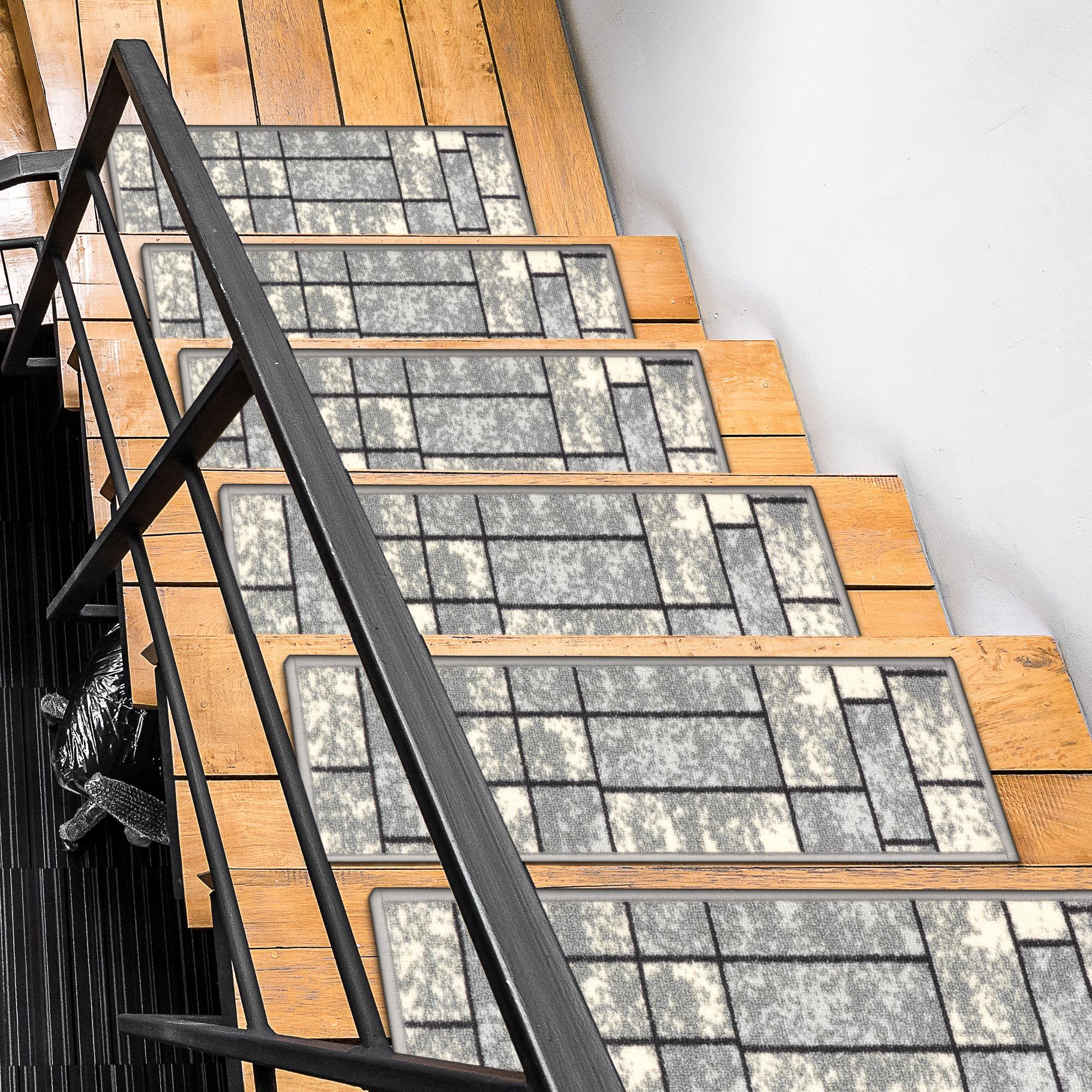 Ottomanson CLS3303-7 Non-Slip Stair Mat 7 Pack 1 x 2 (ft) Loomed Nylon Gray Rectangular Indoor Geometric Stair tread rug