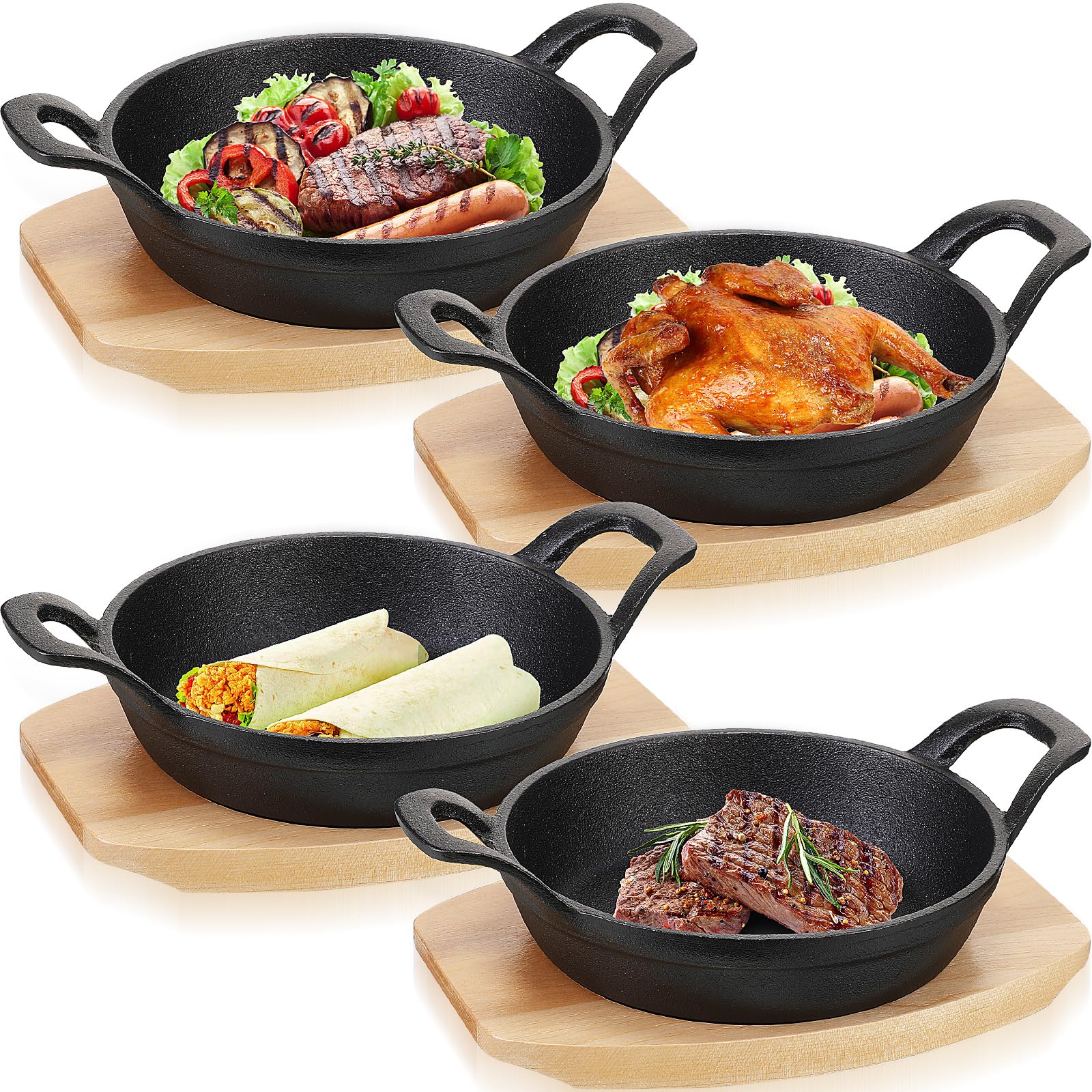 ITOPFOX  Mini Cast Iron Skillet Set with Wooden Base Small Round Pan for Baking Cooking Six Point Three Inches durable home
