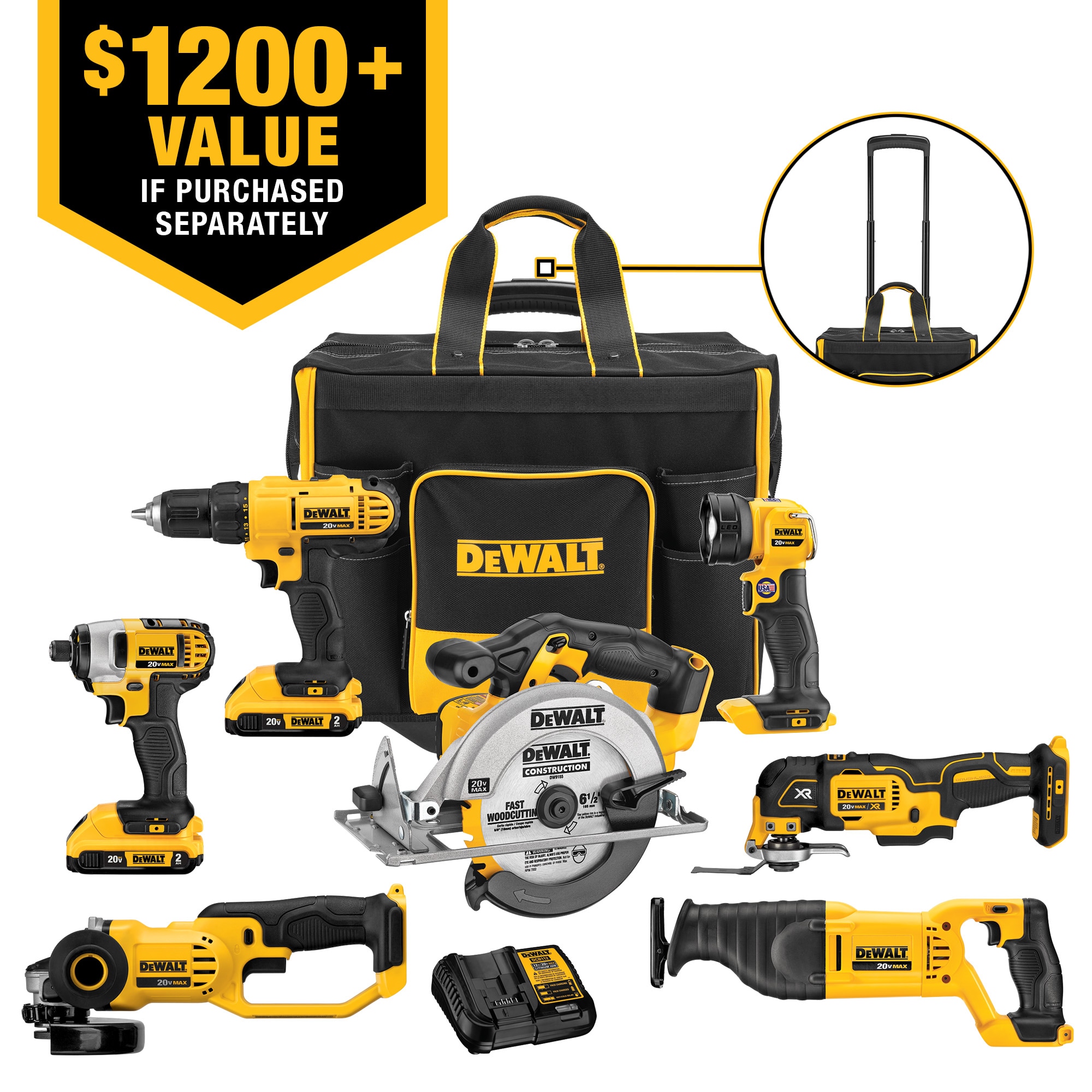 centeret mentalitet Flock DEWALT 7-Tool 20-Volt Max Power Tool Combo Kit with Soft Rolling Case  (2-Batteries and charger Included) in the Power Tool Combo Kits department  at Lowes.com