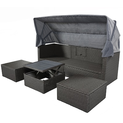 ModernLuxe L-WY000319AAE Patio Rectangle Daybed with Retractable Canopy Rattan Outdoor Daybed with Gray Cushions and Rattan Frame