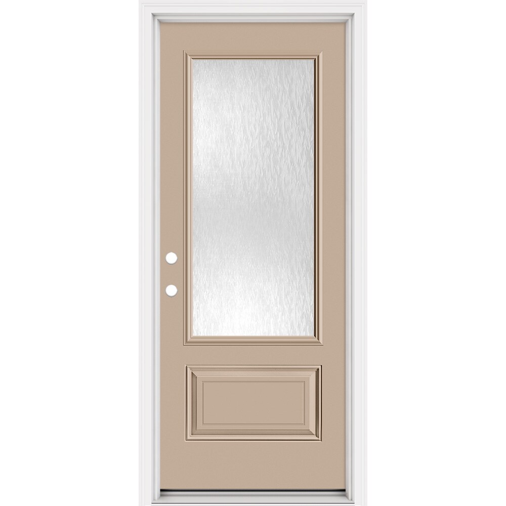 Masonite 321387 Steel Doors Series 32-in x 80-in x 4-9/16-in Steel 3/4 lite Right-hand inswing Sandy Shore Painted Prehung Front Door with Brickmould Insulating core