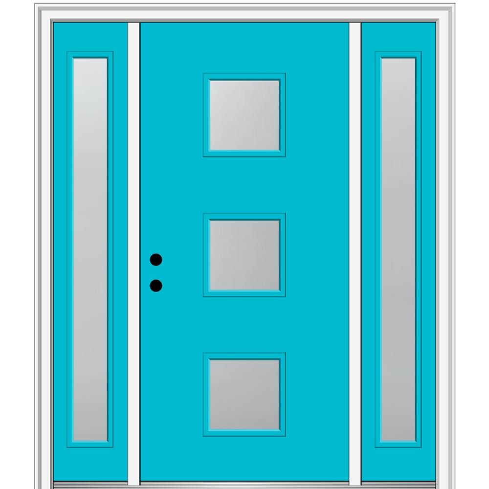 MMI DOOR ZZ350094R Spotlights 60-in x 80-in x 6-9/16-in Fiberglass Pulse lite Right-hand inswing Bahama Blue Painted Prehung Front Door with Sidelights with Brickmould Insulating core