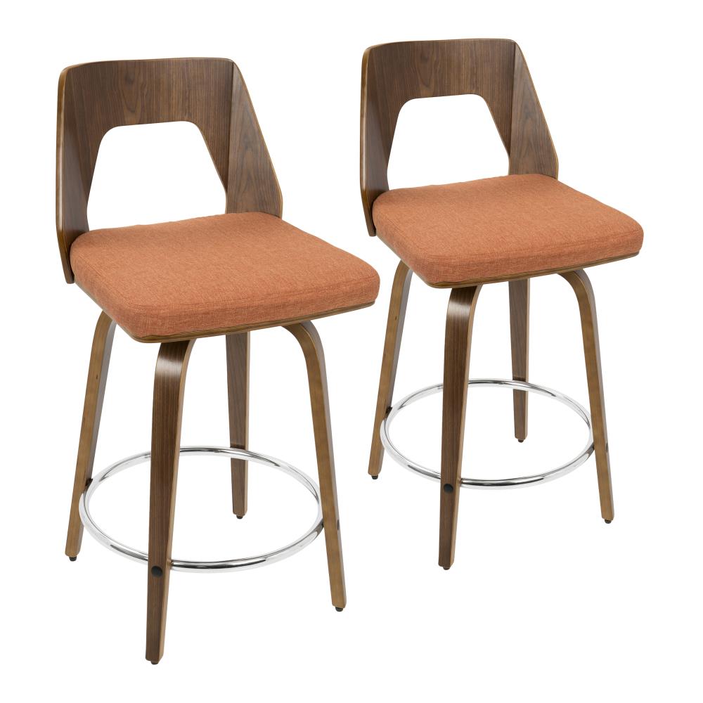 LumiSource B24-TRILOR WLO2 Trilogy Set of 2 Walnut Wood, Orange Fabric, Chrome 40-in H Bar height Upholstered Swivel Wood Bar Stool