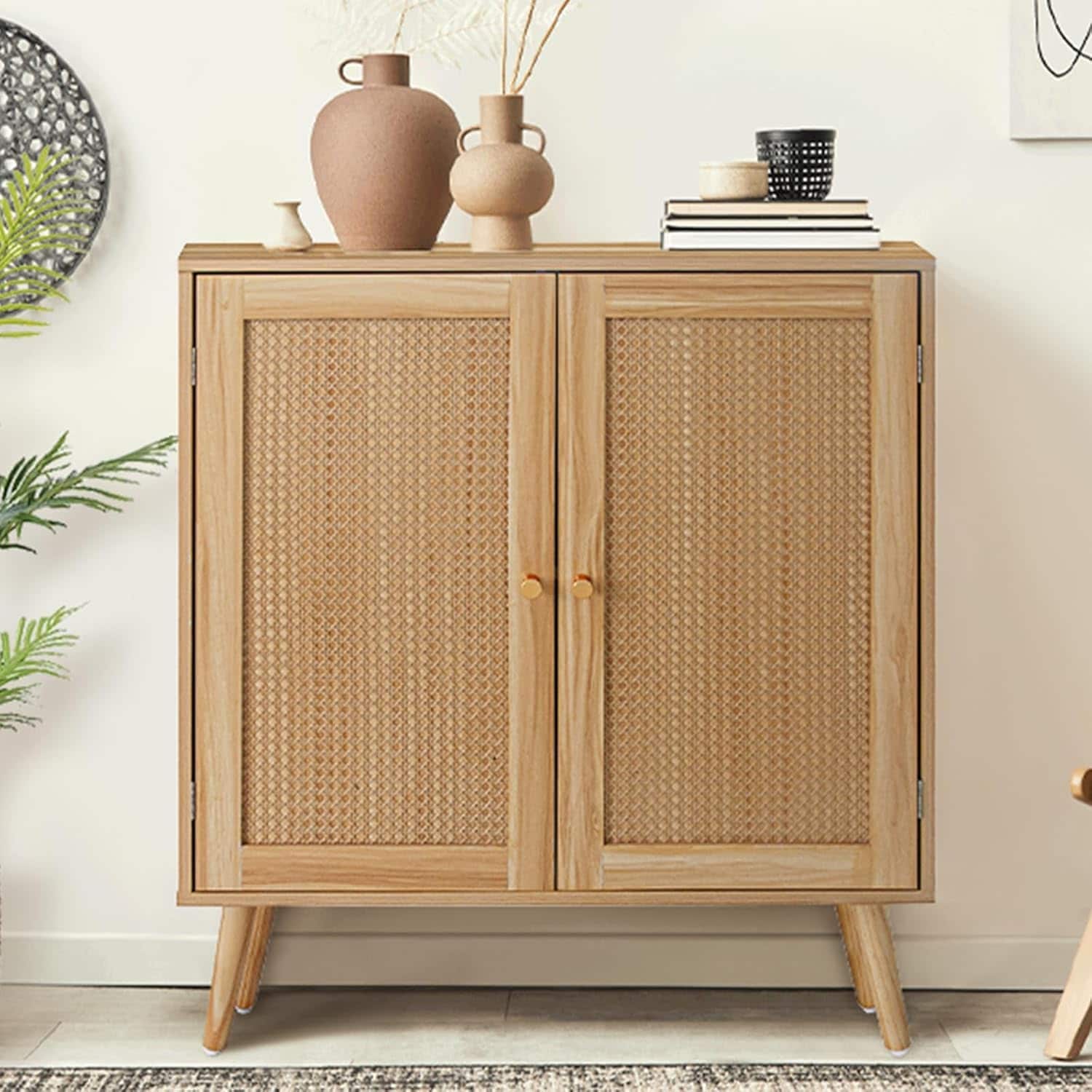 Qeetex AWEPHO13MAUD9E Natural Rattan Buffet Cabinet with Storage Adjustable Shelves and Solid Wood Feet Multifunctional Sideboard for Dining Room Hallway and Entryway