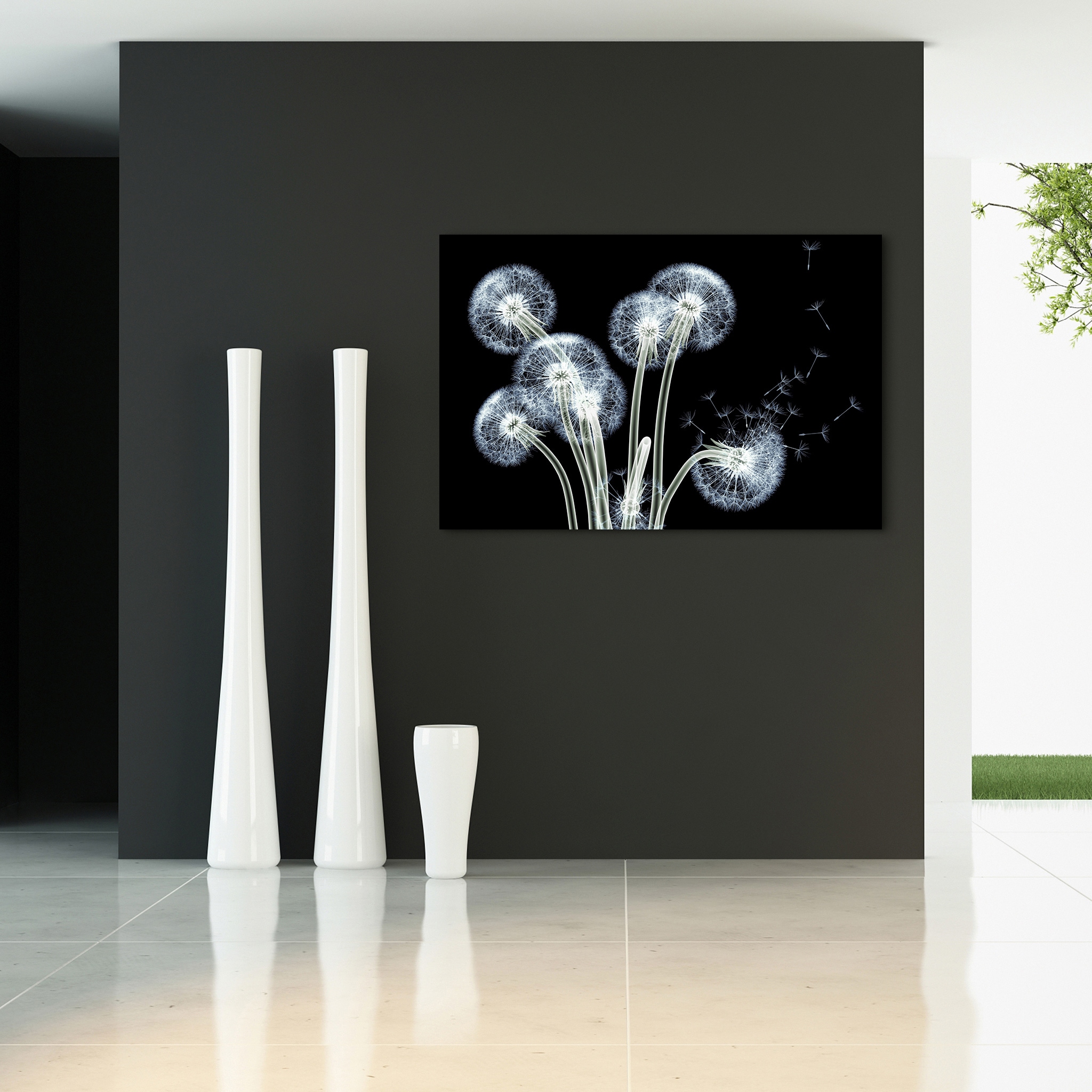 Dancing Dandelions Black and White Tempered Glass Wall Art