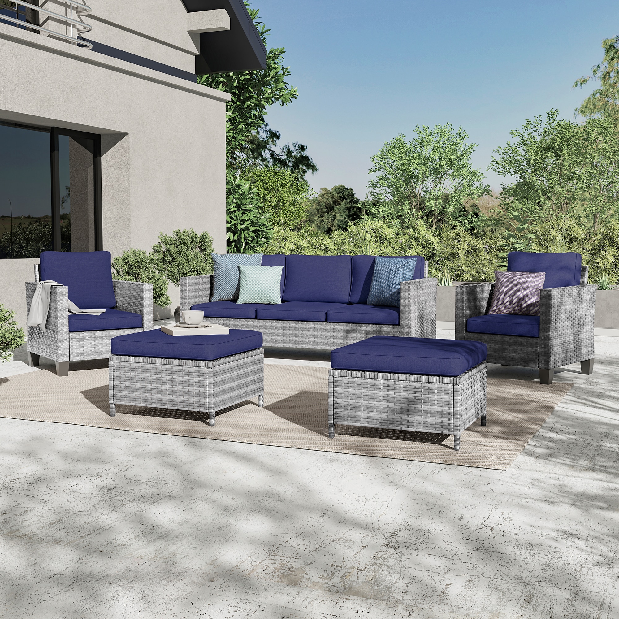 ACEGOSES LW-F700HNY 5 -Piece Wicker Patio Sofa Conversation Set with Blue Cushions