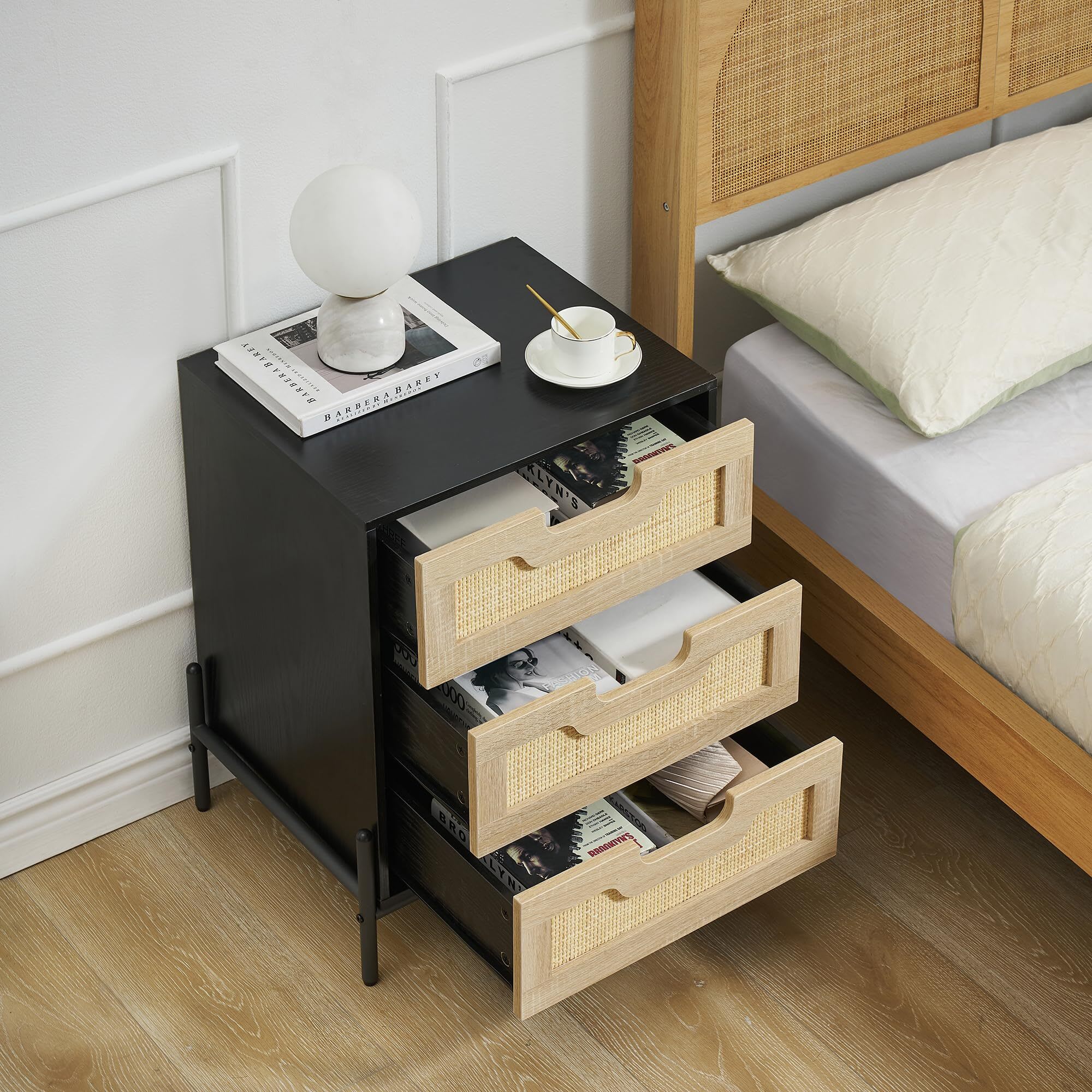 Qeetex GGL-PHO-13FHF95P Rattan Night Stand Farmhouse Nightstand Bedside Table with 3 Drawers Nightstand with Metal Legs Sturdy and Durable Boho Accent Table for Bedroom  Living Room Black