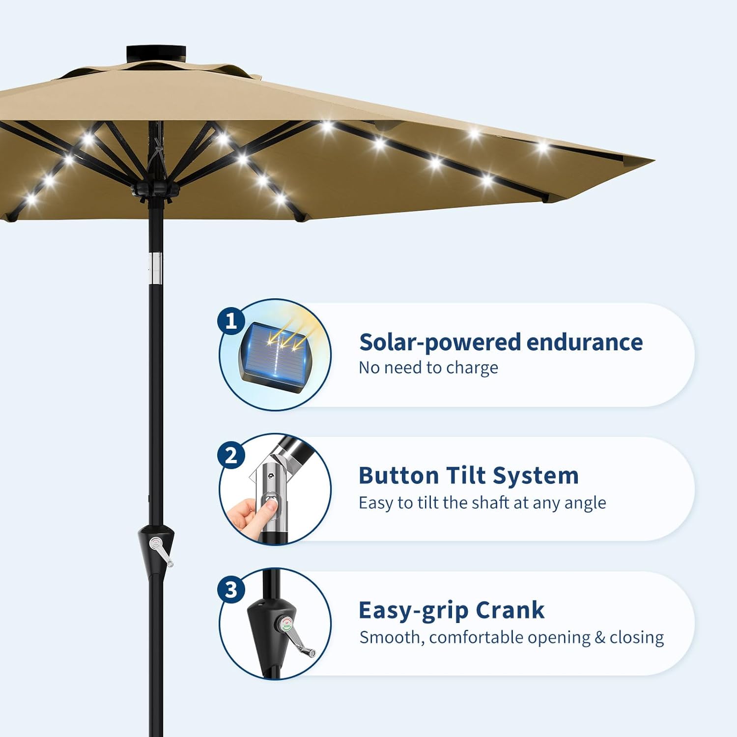 1 outdoor patio market umbrella with solar power led lights PURPLE LEAF 14ft and Base Double-Sided Rectangle Table Sun Umbrellas with Crank for Pool Beach Deck Backyard Taupe : Patio, Lawn & Garden you can customize the umbrella to your preferred angle and coverage LIVOOSUN 10Ft Solar-powered Large Round