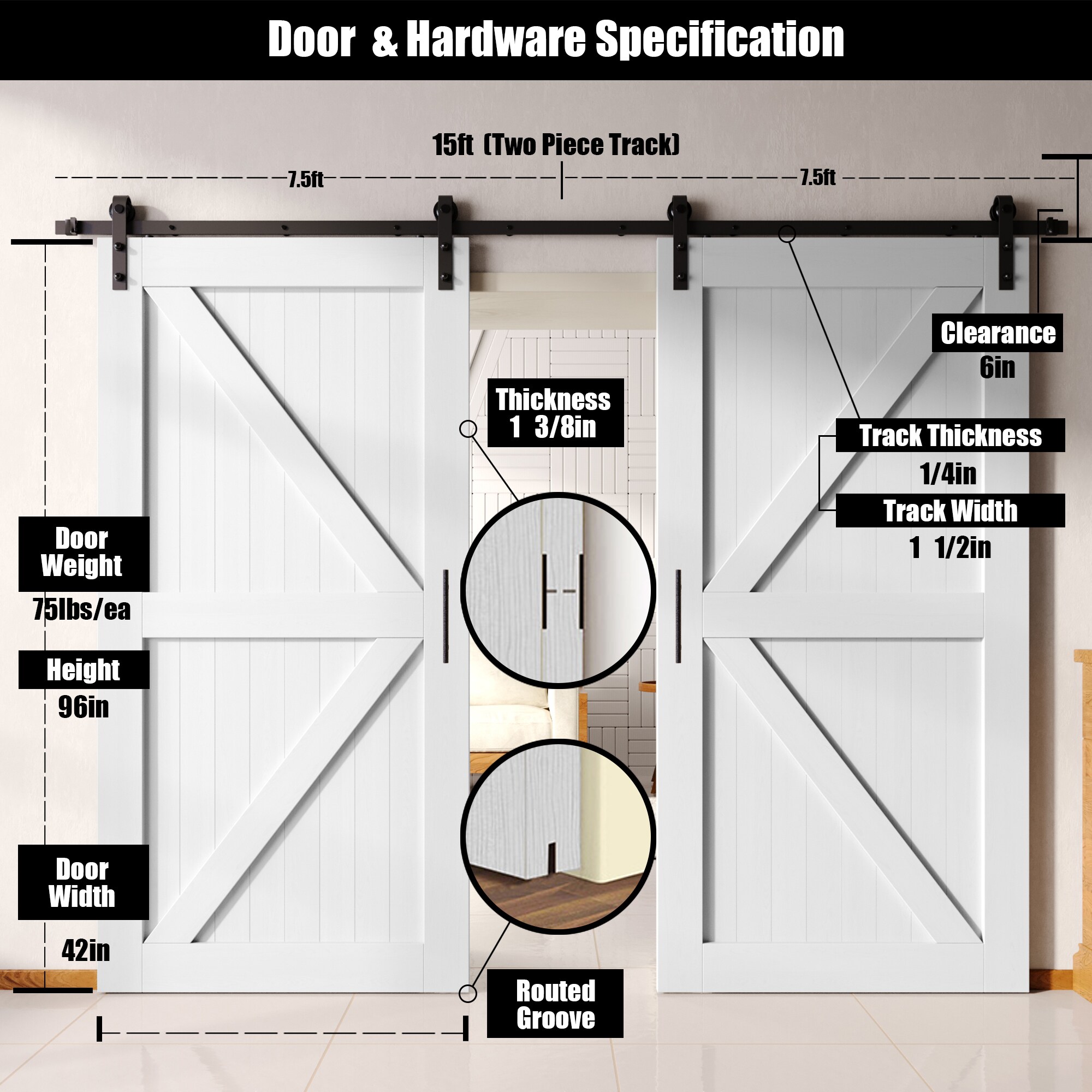 HOMACER YT2TGH180C-4296-K-WH Barn-Doors - View #2