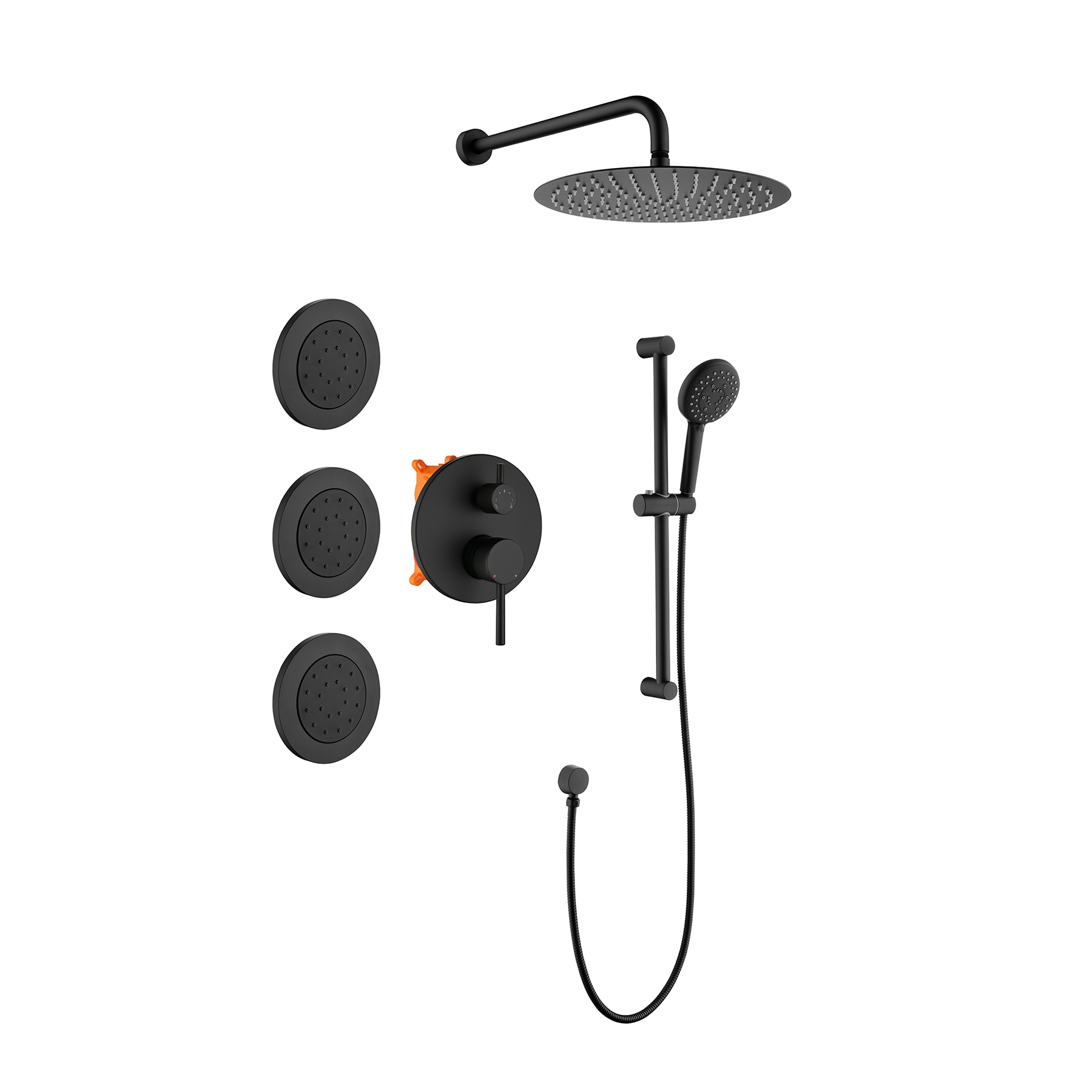 WELLFOR DT 12-in Rain Shower Head Wall Mount Matte Black Dual Head Waterfall Built-in Shower Faucet System with 2-Way Diverter Valve Included