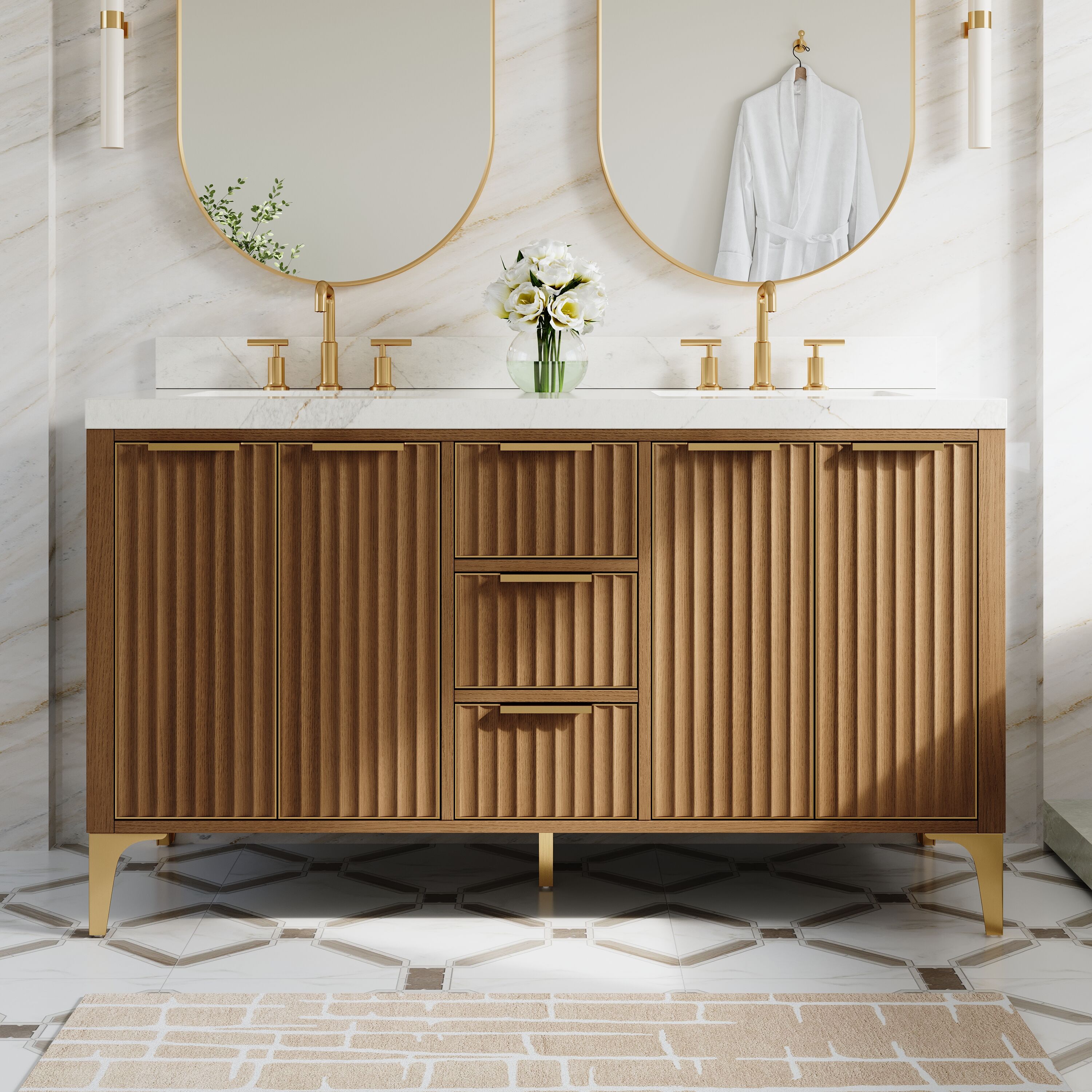 WELLFOR OAKMET Solid Wood 60-in Oak Undermount Double Sink Bathroom Vanity with Carrera white Quartz Top (Fully Assembled)