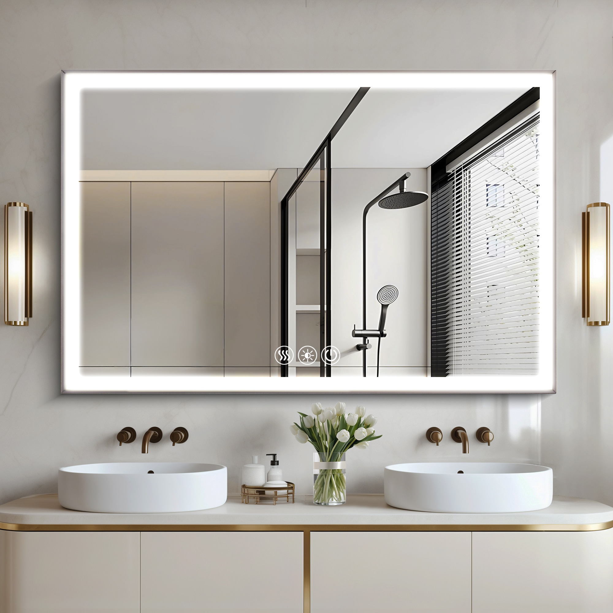 WELLFOR GIZQCS89P00 48-in x 32-in Framed Rectangle Dimmable LED Lighted Fog Free Bathroom Vanity Mirror ( Silver )