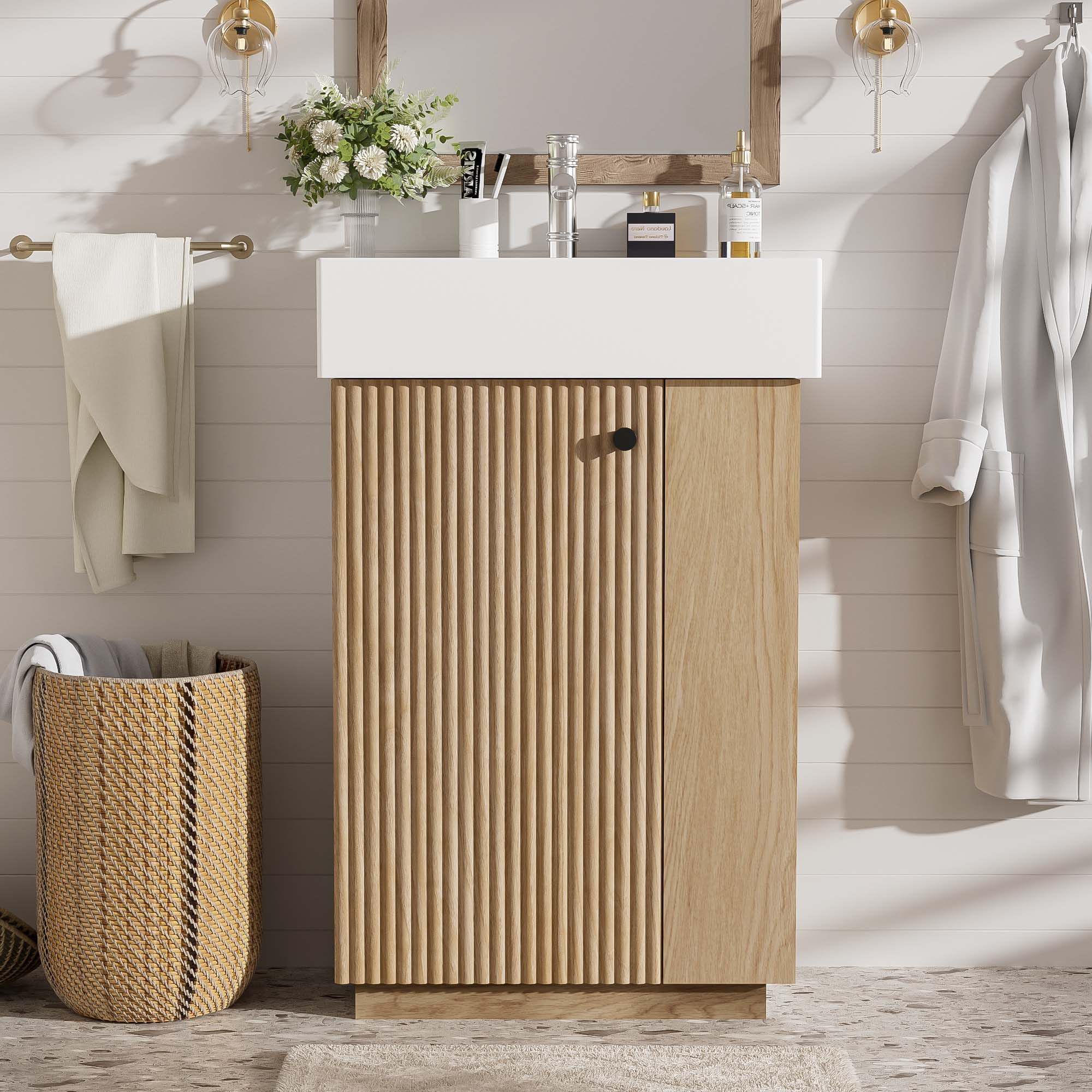HyperDrop Cart 21.6 Inch Bathroom Vanity with Ceramic Sink Freestanding Modern Left Door Wood Grain Cabinet with Open and Closed Storage for Small Bathrooms #B-9C1O9L4Y0P7Z