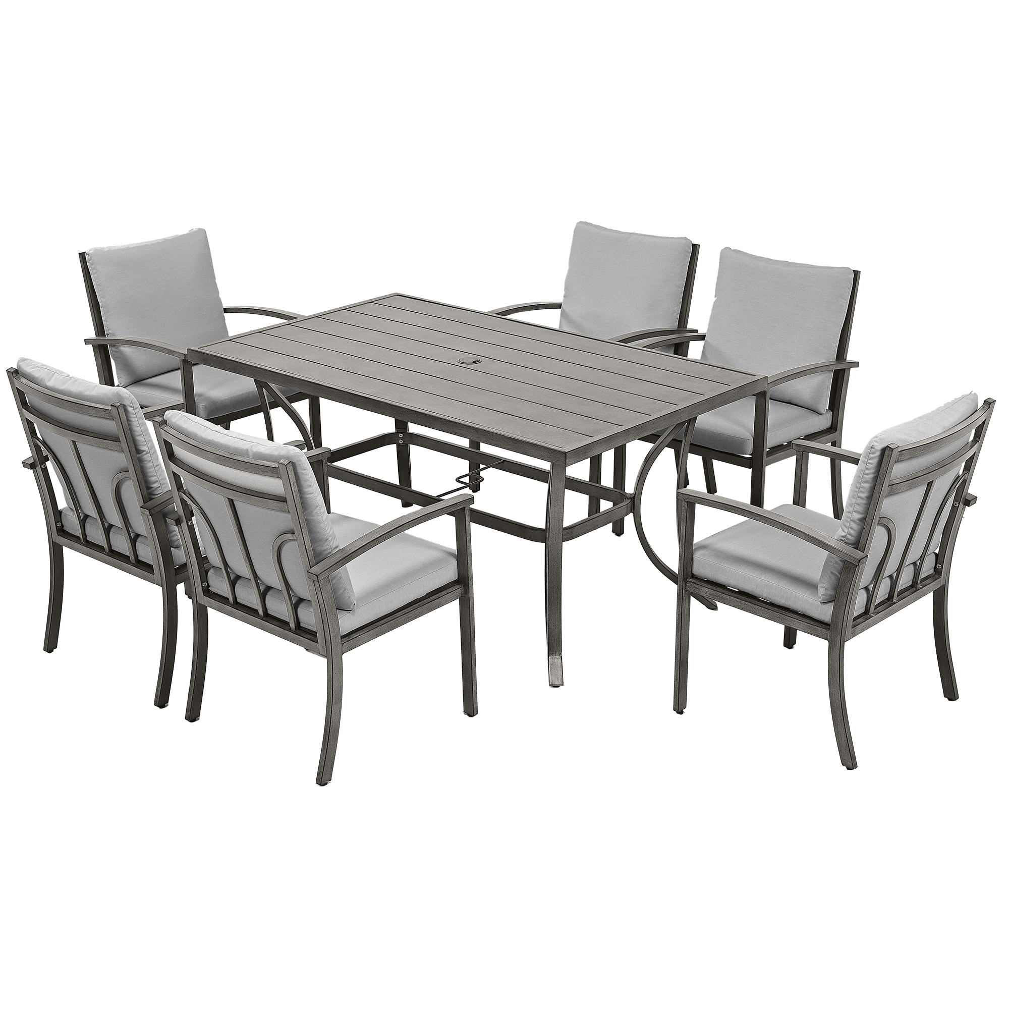  EL-CZ7-GG-C1-WL3 Modique 7 -Piece Gray Patio Dining Set Aluminum Rectangle Table with 6 Light gray Cushions Stationary Chairs