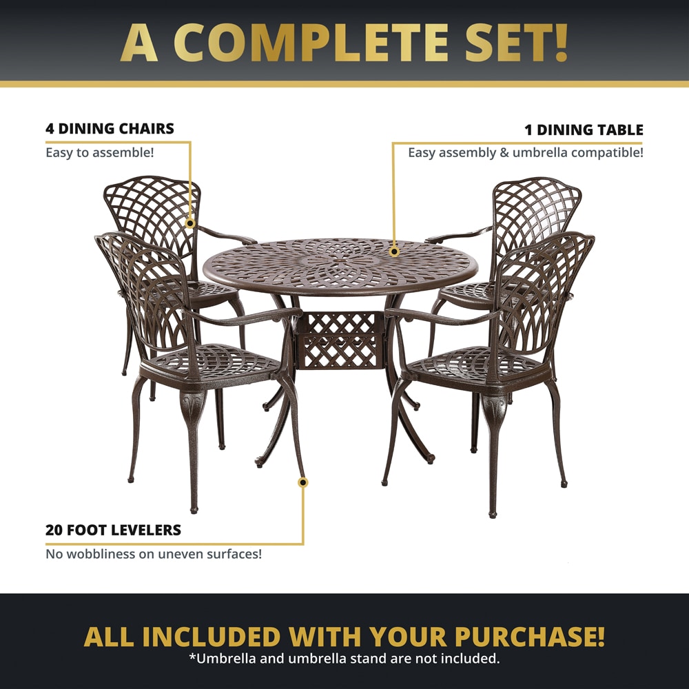 Bronze Cast Aluminum 5-Piece Outdoor Dining Set with Round Table and Chairs