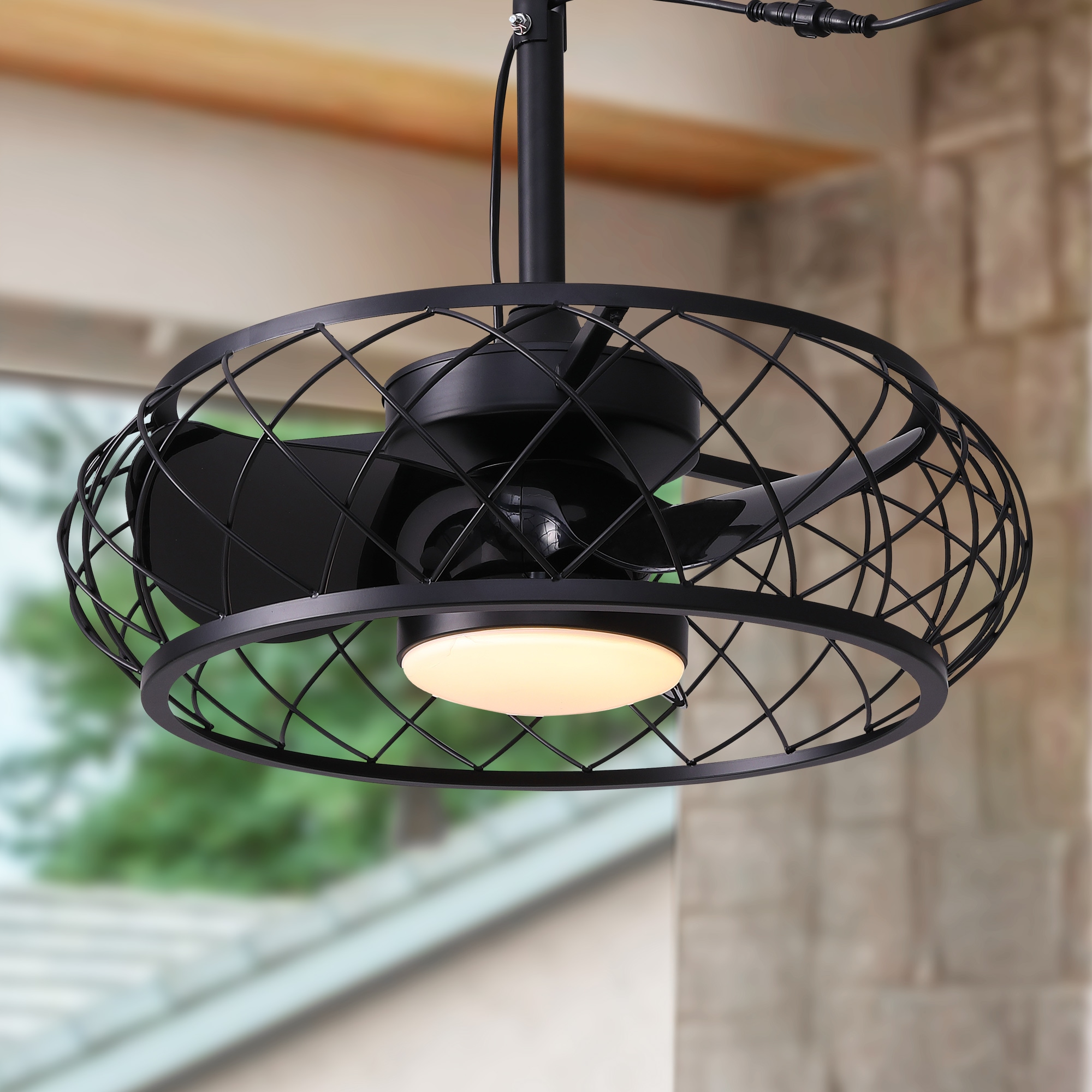Antoine LSFD-01 20-in Color-Changing Integrated LED Outdoor Downrod or Flush Mount Smart Farmhouse Black Cage with Black Blades Fandelier Plug-in Ceiling Fan With Light 3 -Blade )