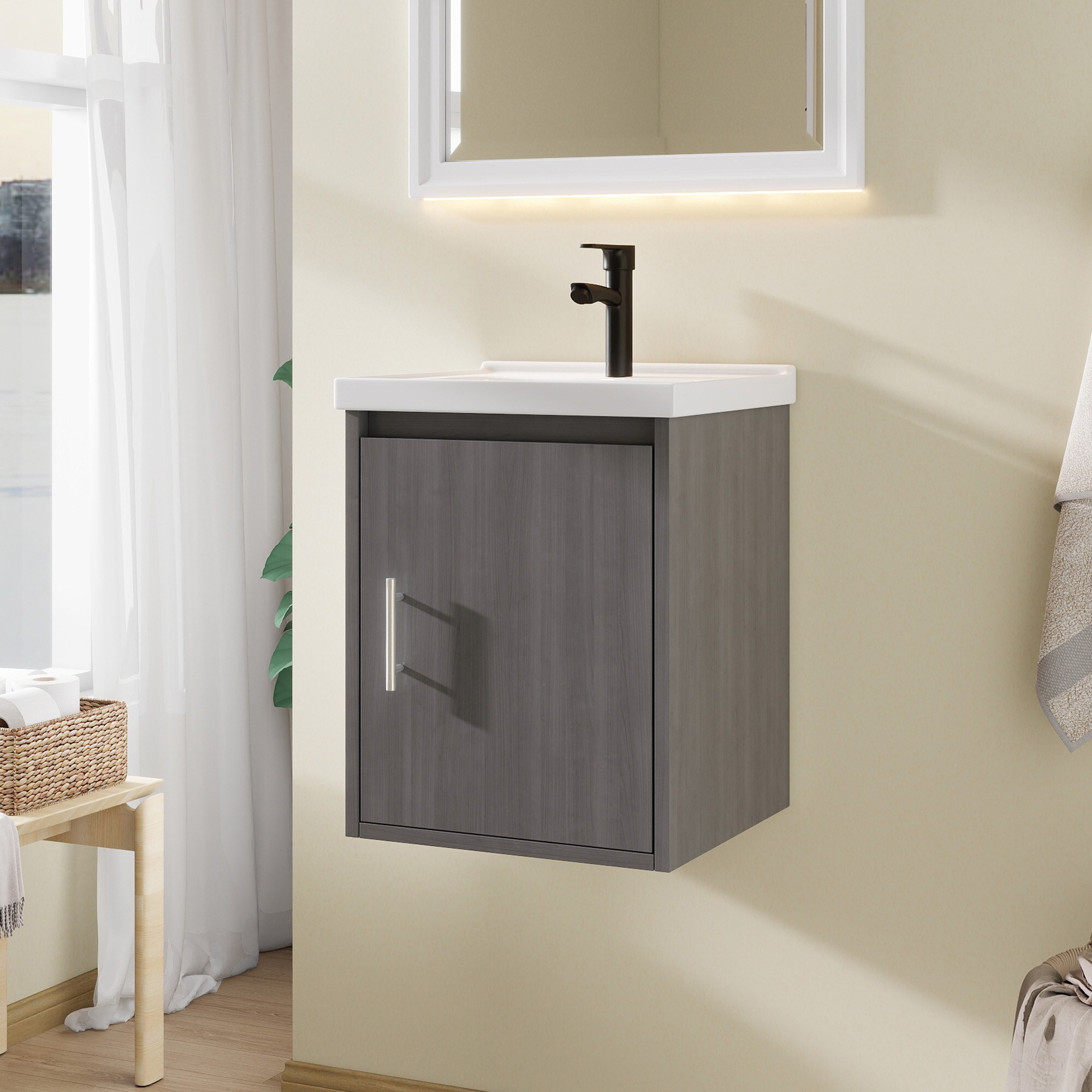 Basdien 16 in Dark Gray Floating Bathroom Vanity Wall Mounted Plywood Cabinet with Ceramic Sink and Soft Close Door Space Saving Modern organized warm inviting luxurious retreat timeless appeal practical beautiful functional sophisticated feel