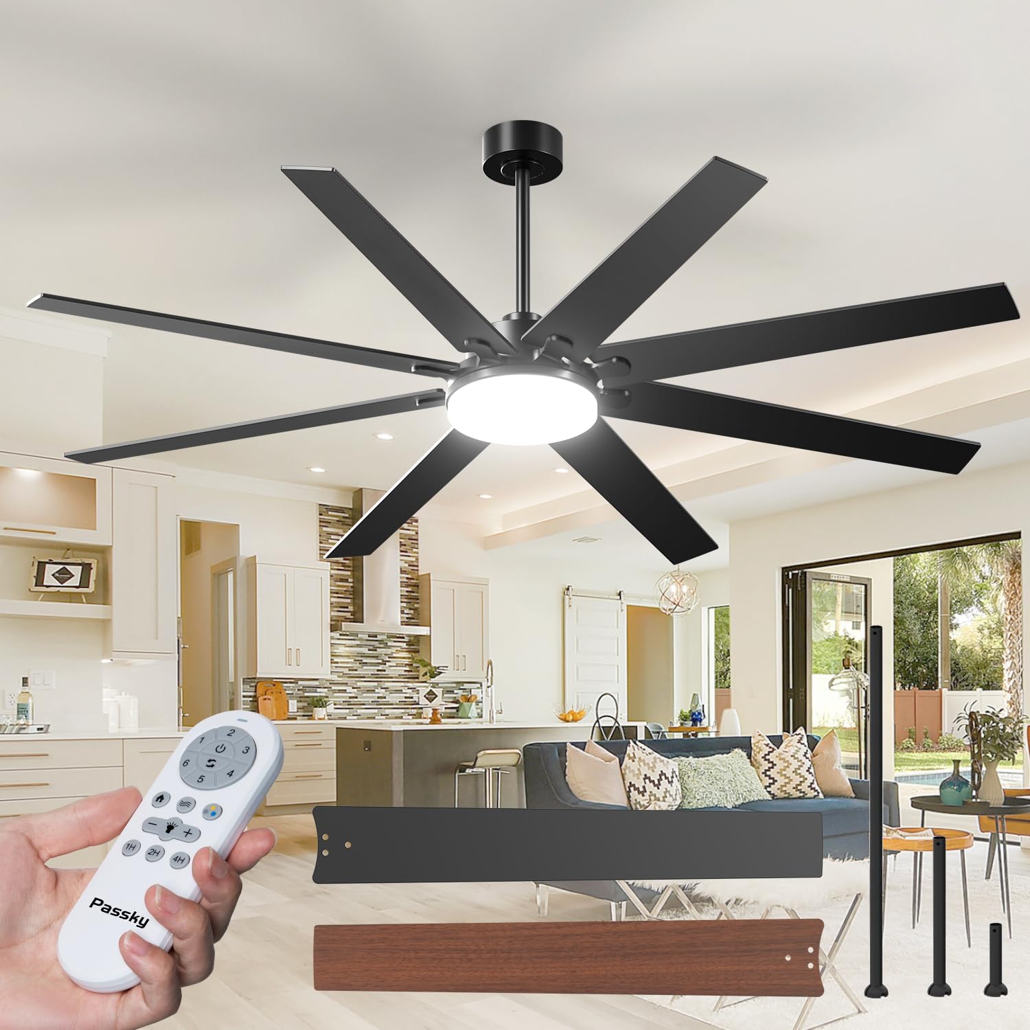 Amico 72-in Black Farmhouse Ceiling Fan with Dimmable LED Light Remote Control 3CCT Indoor/Outdoor