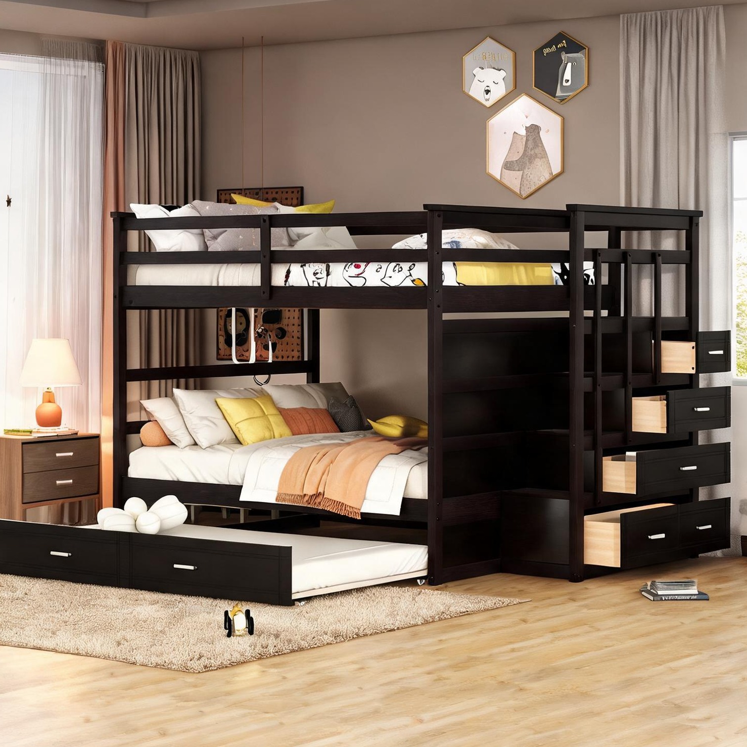 Watnature Solid Wood Full Over Full Bunk Bed with Trundle and Storage ...