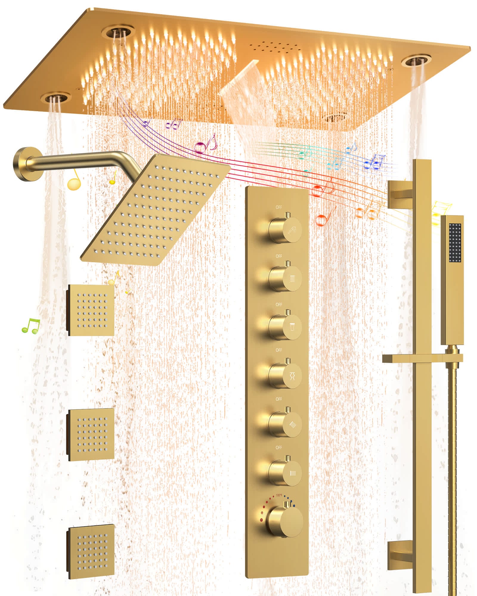 EVERSTEIN SFS-1052-GD Large 63-Spray 27.5 in. and 10 in. Dual Shower Heads Ceiling Mount Fixed and Handheld Shower Head in Brushed Gold
