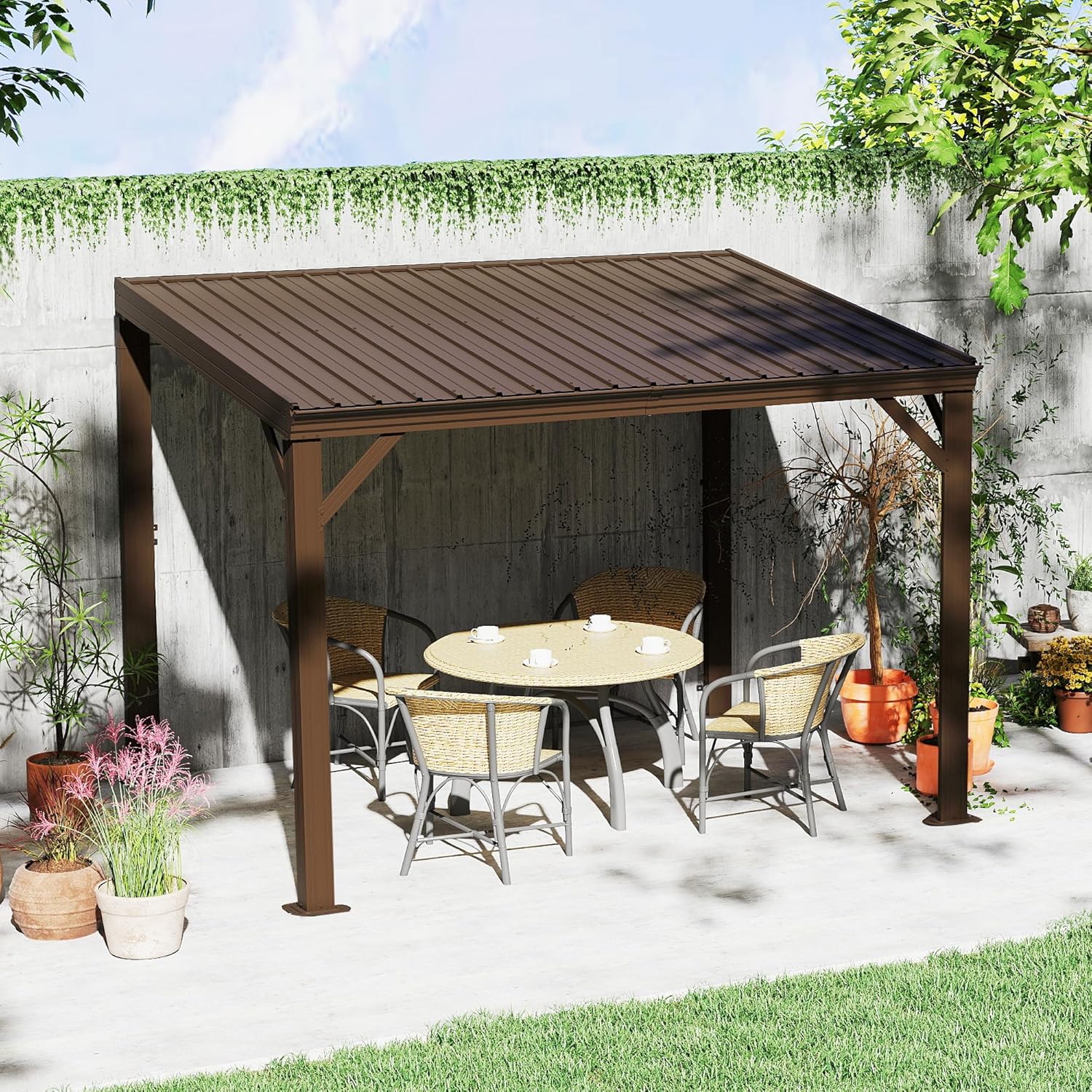 Mondawe - 10-ft x 8-ft Brown Gazebo with Lean-To Hardtop Roof