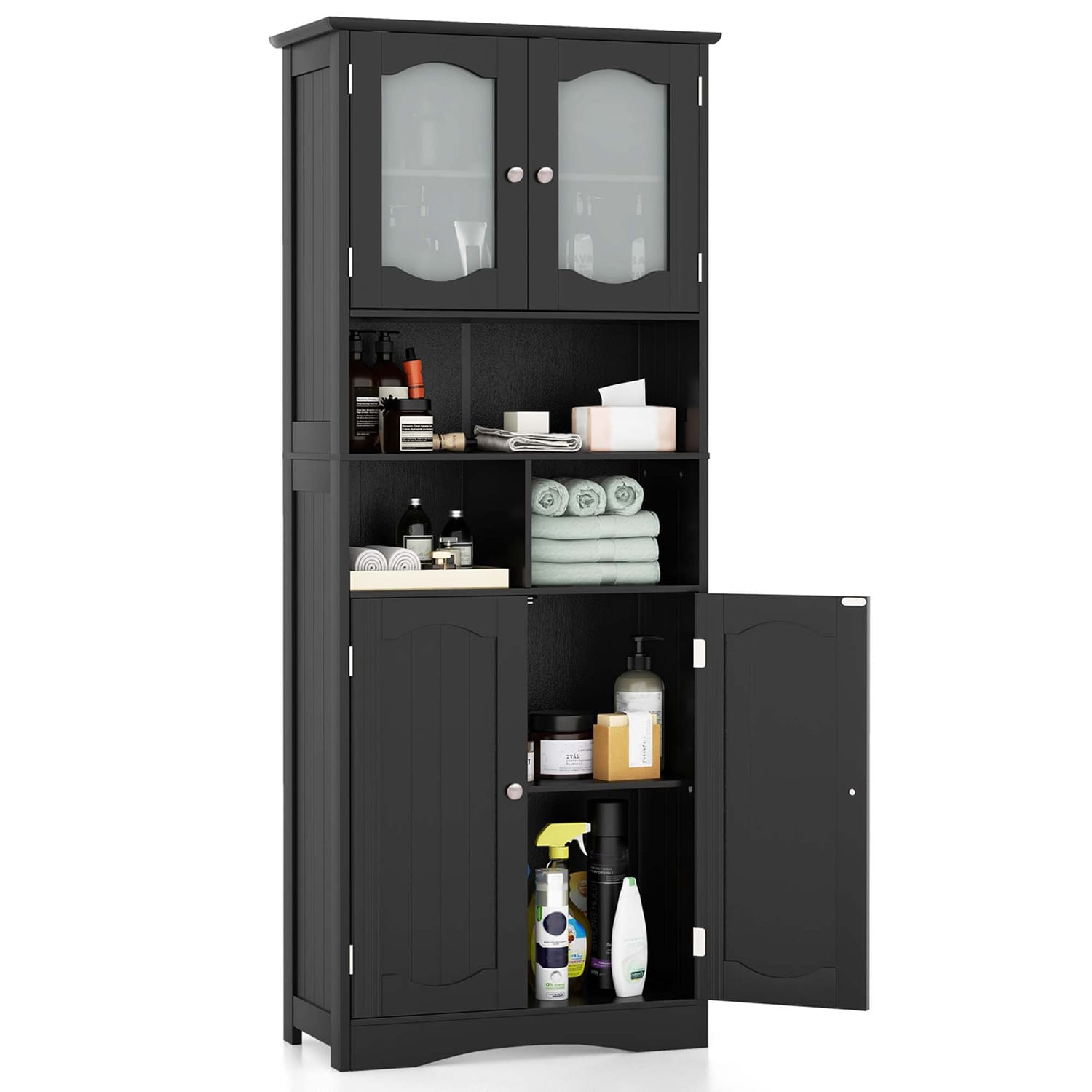 Costway  58.5 inches Tall Bathroom Storage Cabinet Freestanding Linen Cabinet with Shelves Black