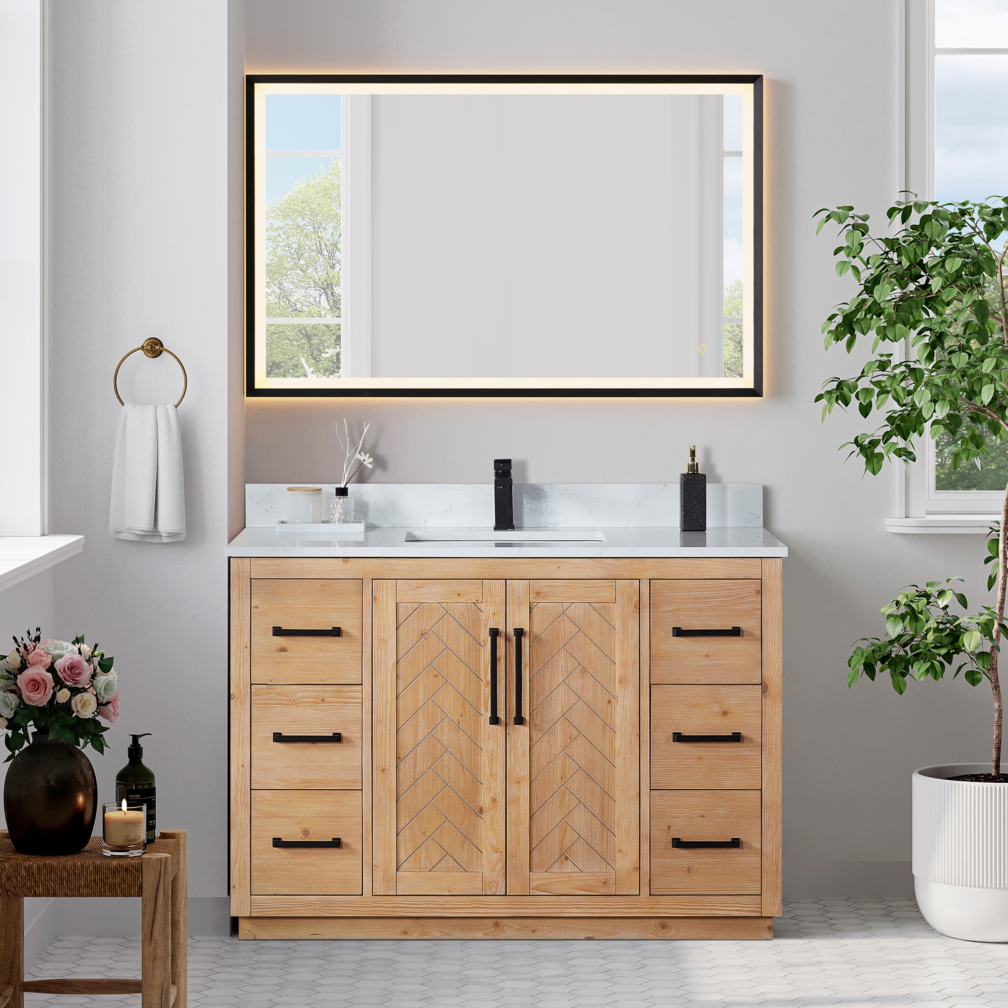 Altair 565048-LB-GW Anais 48-in Light Brown Undermount Single Sink Bathroom Vanity with Grain White Engineered Stone Top (Mirror Included)