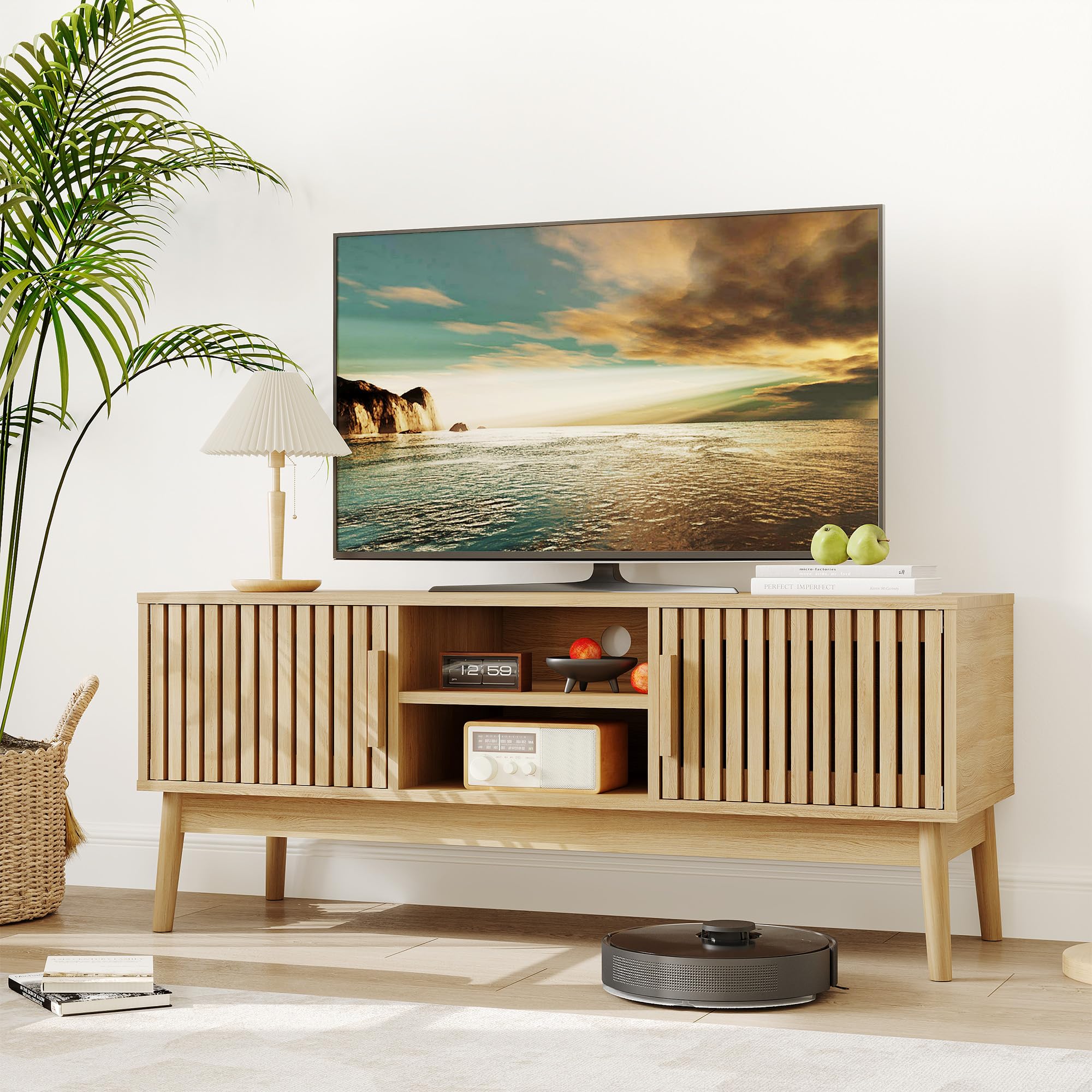 GarveeLife TV Stand For Up To 50 Inch TVs Media Console With Fluted Wood Doors And Open Storage Shelves Entertainment Center
