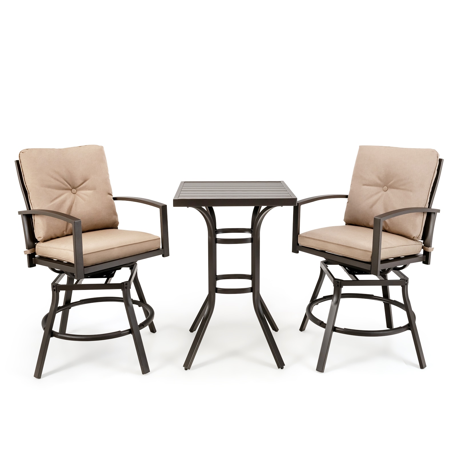 Slickblue D-CO-+56901PN Patio Bar Set 3-Piece – Brown Metal Frame Olefin Fabric Patio Dining Set – Square Table with 2 Beige Cushions Included Chairs (Fire Pit Not Included and Umbrella Not Included) – Backyard Poolside Deck