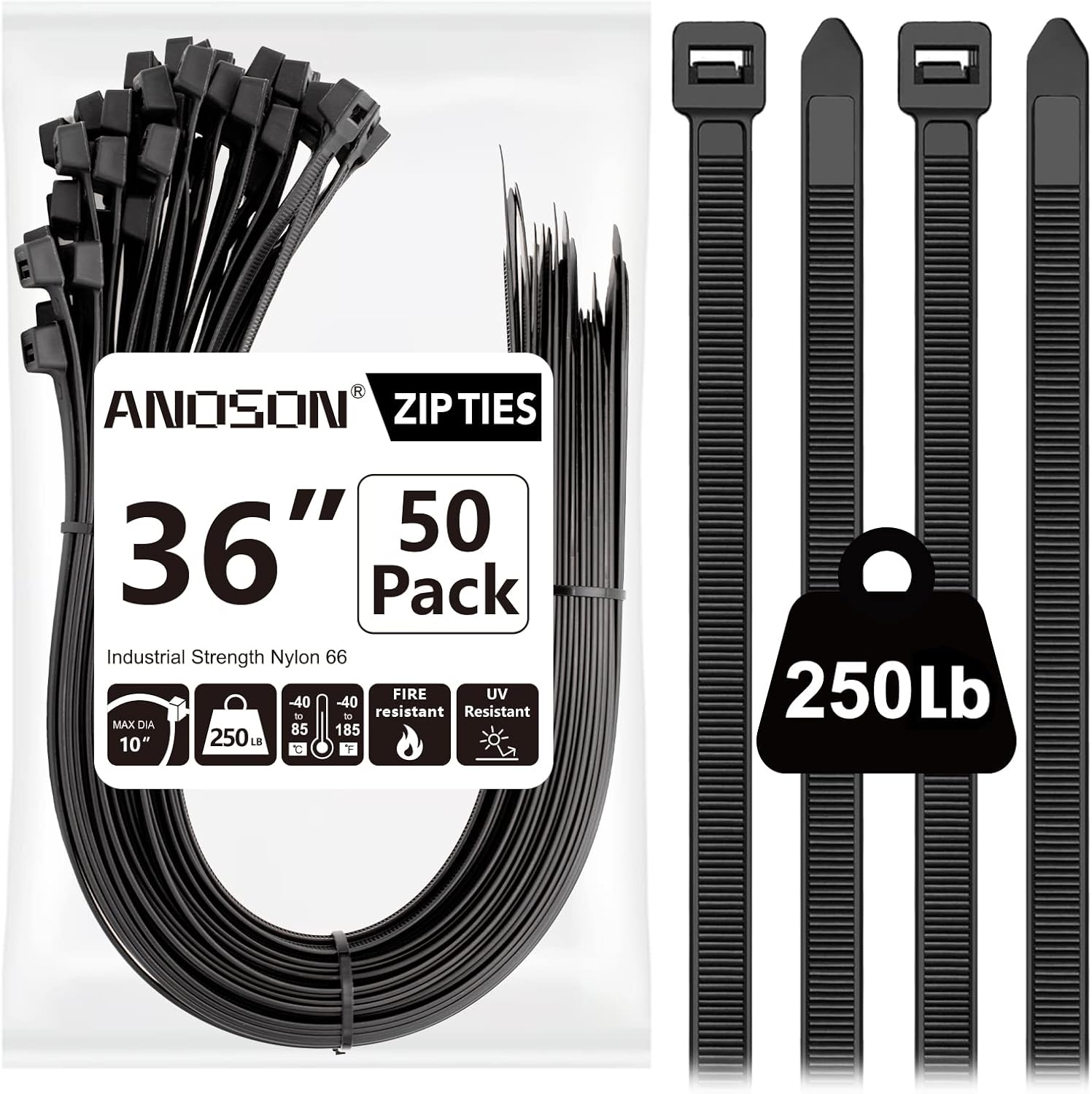 Anoson Large Zip Ties 36 inch 50 Pack Long Zip Ties Heavy Duty with 250 lb Tensile Strength Big Cable Ties Black by 