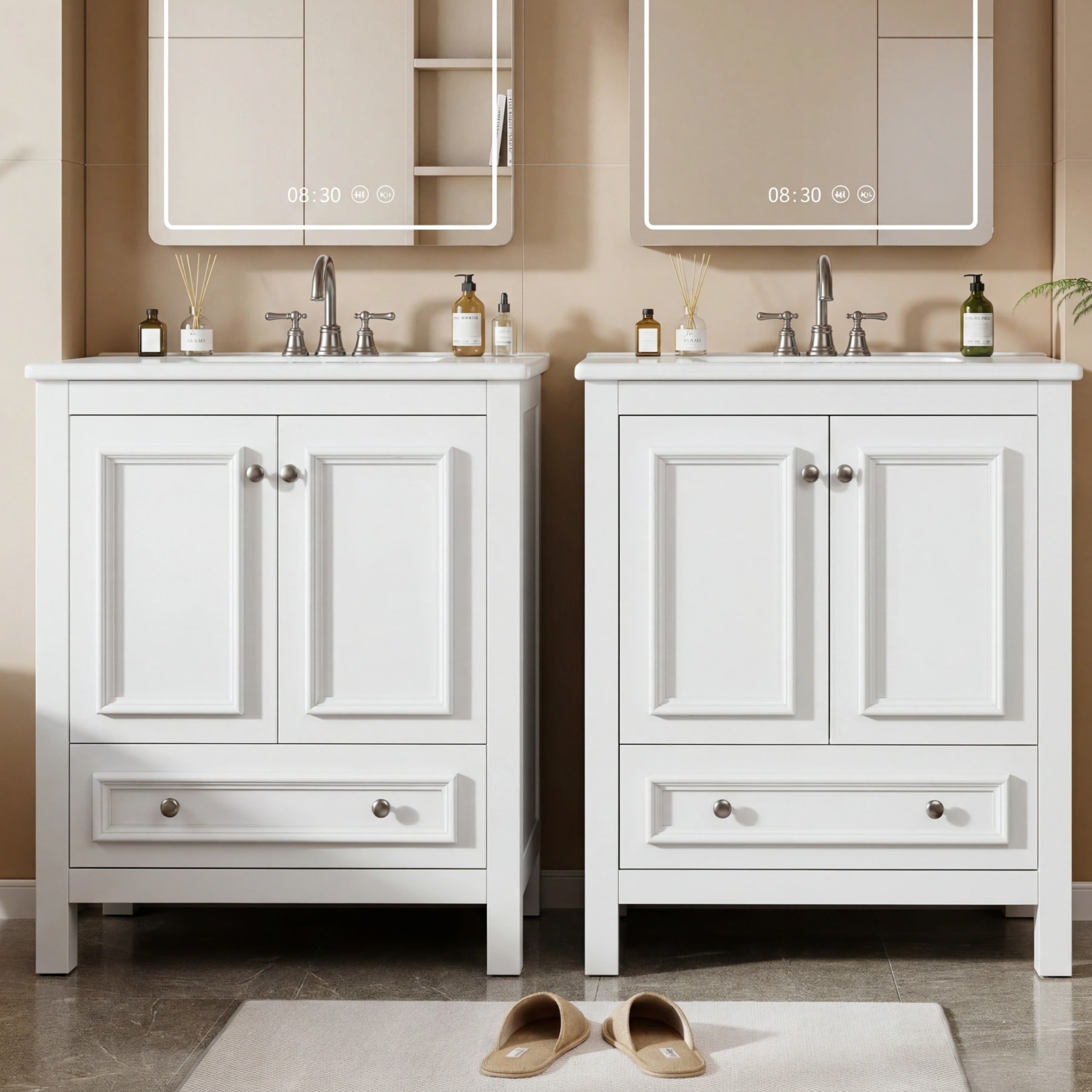 LITTLE TREE - 60 Inch Double Sink Freestanding White Bathroom Vanity Two Separate Cabinets with W...