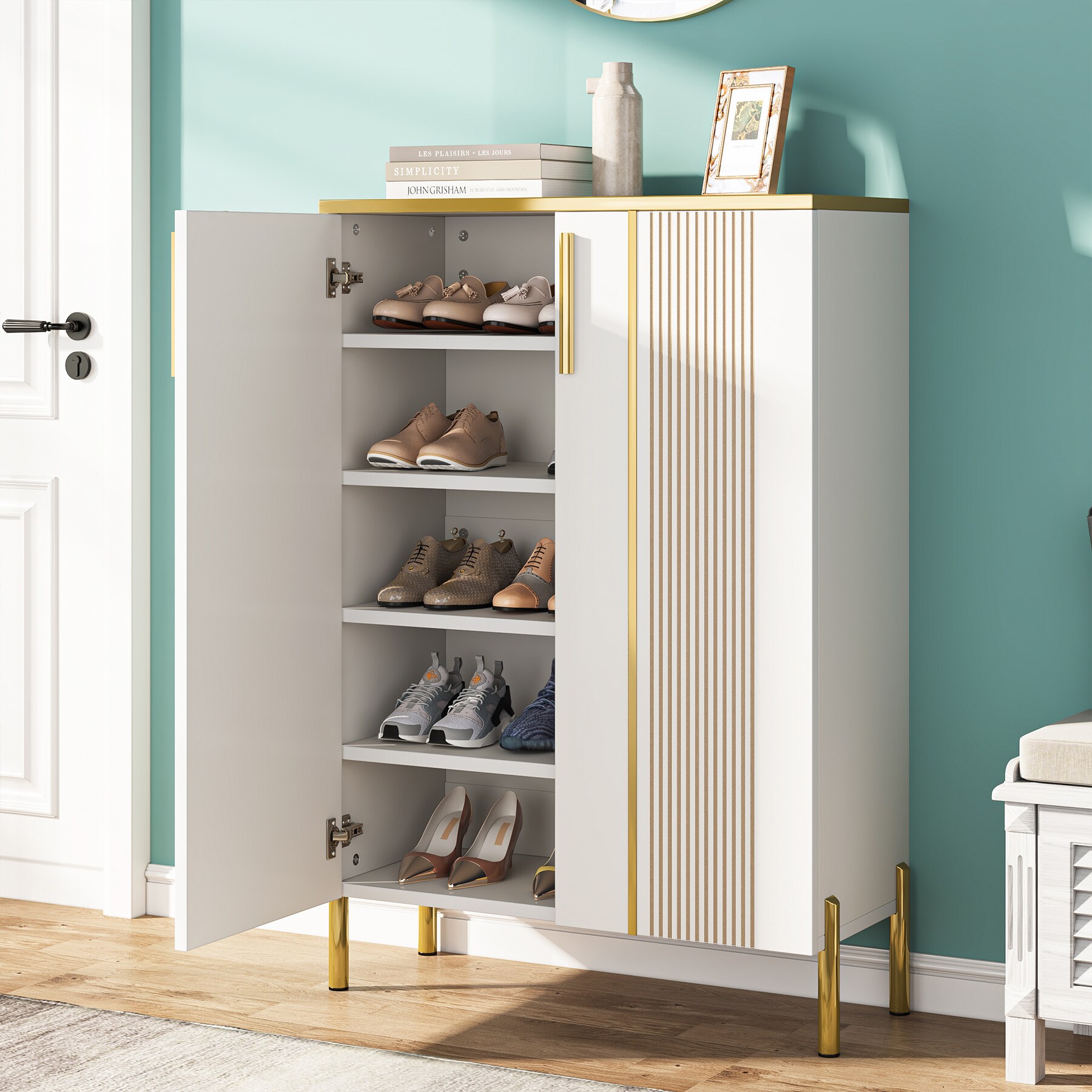 Tribesigns 41.34-in H 3 Tier 24 Pair White and Brown MDF Shoe Cabinet | HOGA-JW0280