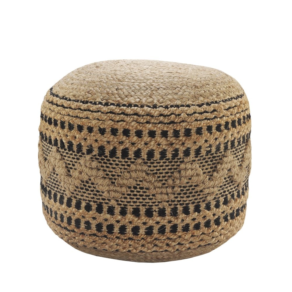 LR Home Spruce Jute Blend Indoor Pouf in Tan/Black 18 x 18 x 14