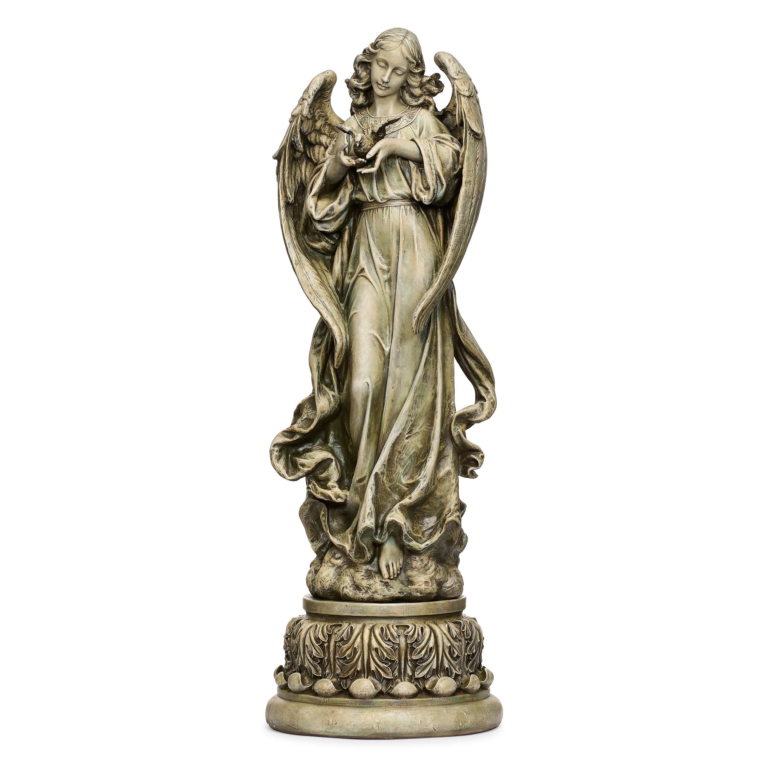 Tall Gray Resin Angel with Dove Garden Statue