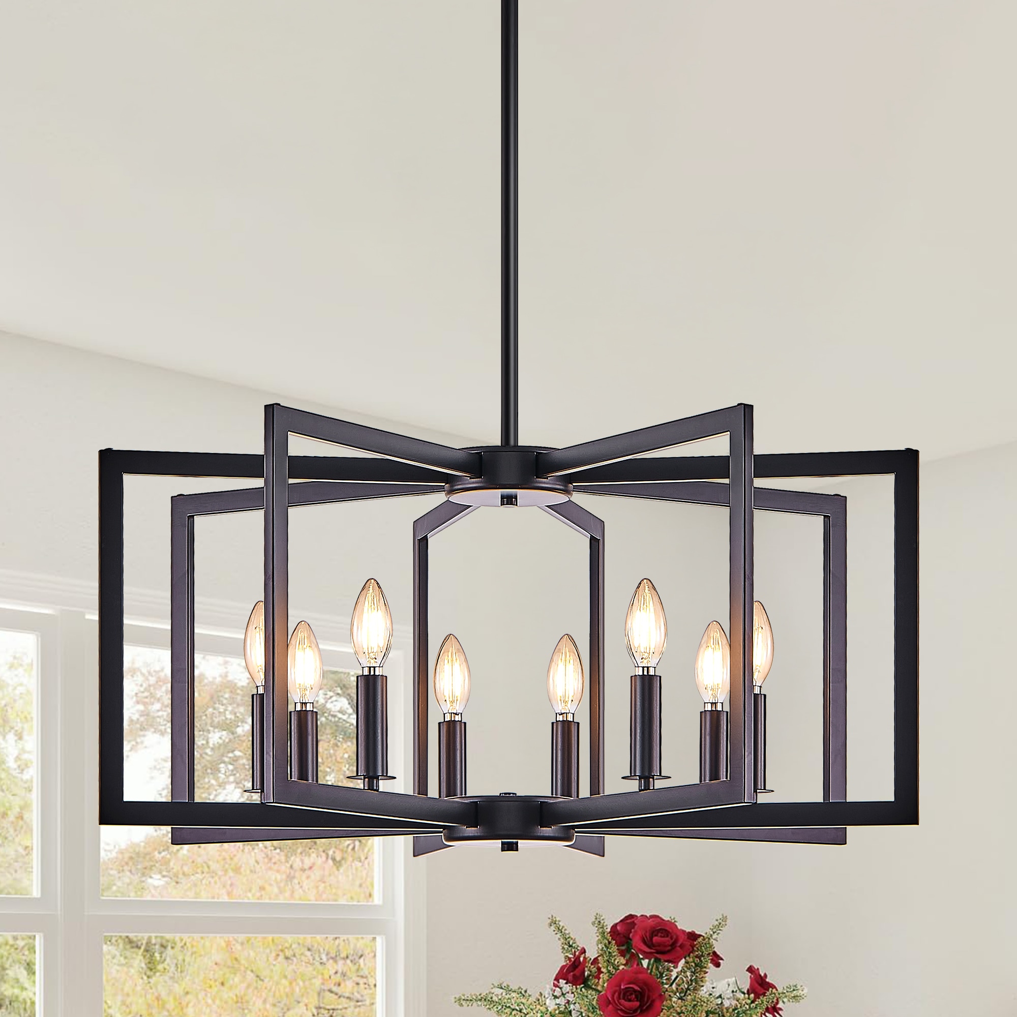 TEINIE 27 Inch Modern Black Farmhouse Chandelier 8 Light Geometric Industrial Metal Dining Room Light Fixture for Kitchen Island Entryway Foyer