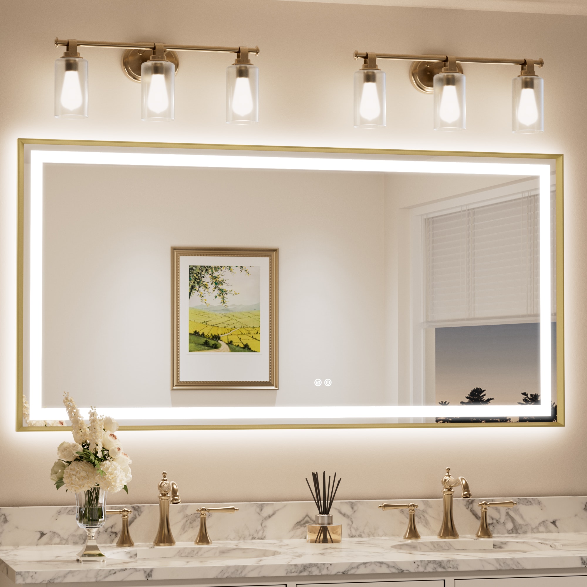 Keonjinn LW-BM66-15276-GD Bathroom LED Mirror With Framed 60-in x 30-in Beveled Rectangle Dimmable LED Lighted Fog Free Bathroom Vanity Mirror ( Brushed Gold )