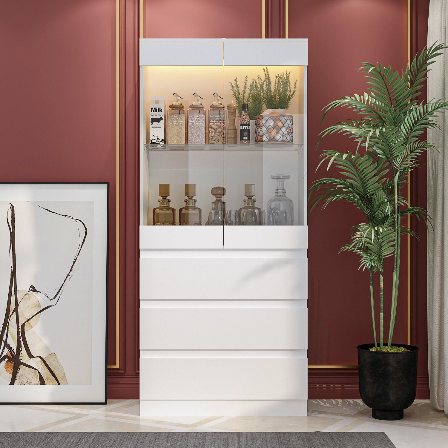 FUFU&GAGA Contemporary/Modern White Curio Cabinet with Wine Storage