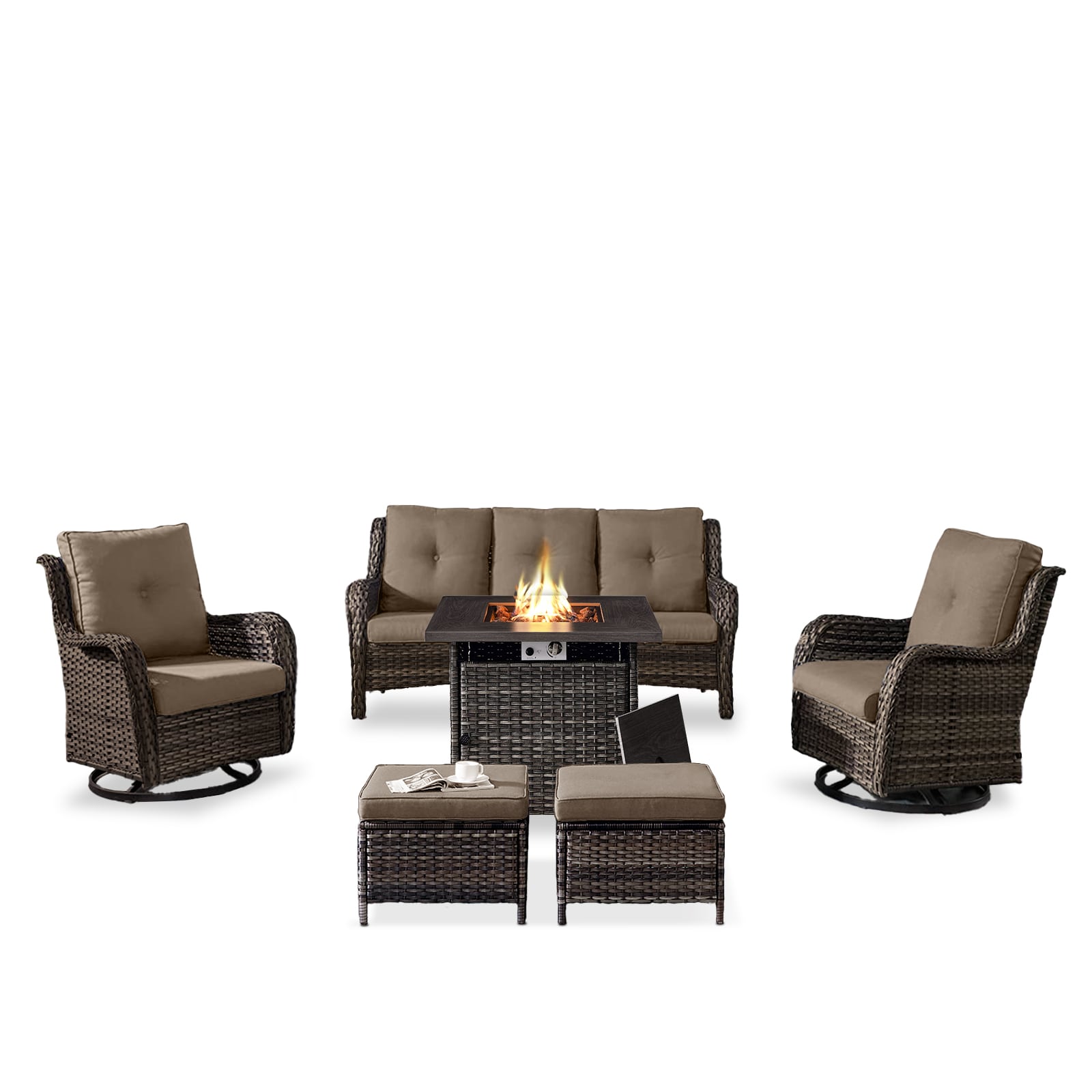 Rilyson FS015016024099-2 Curved armrest 6 -Piece Wicker Patio Sofa Conversation Set with Gray Cushions