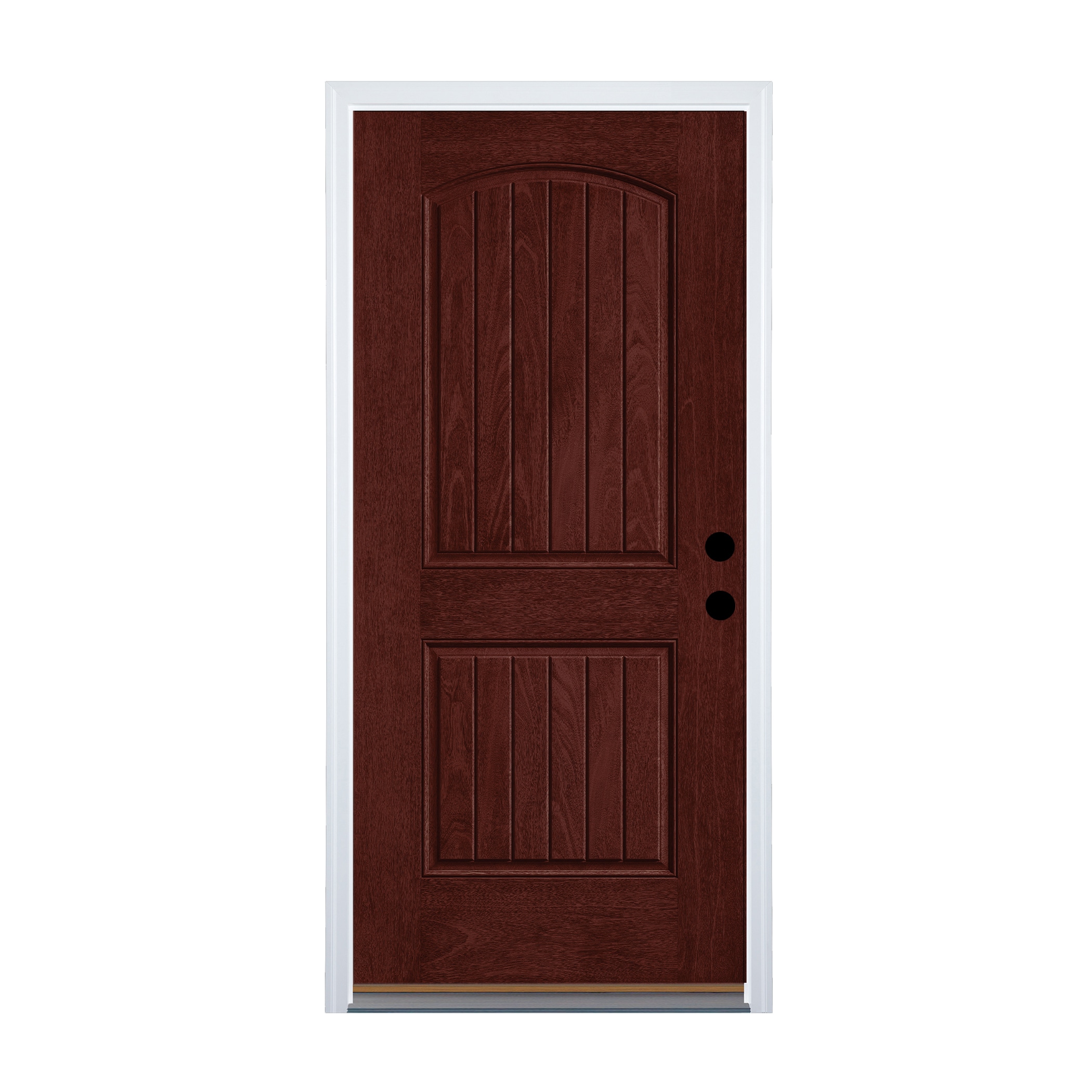 Fiberglass Right-Hand Outswing Mulberry Stained Single Front Door with Brickmould Insulating Core in Red | - Therma Tru FCM205H-I-RON6-MB