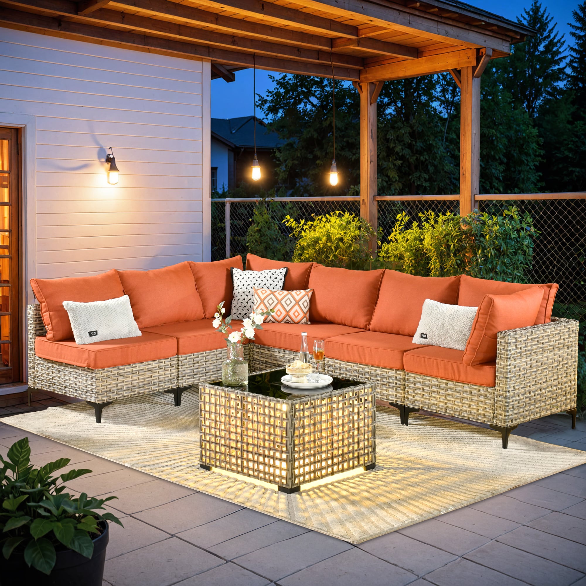 Caodoc L5-SKT807-1 SKT Wicker Outdoor Sofa with Orange Cushions and Wicker Frame