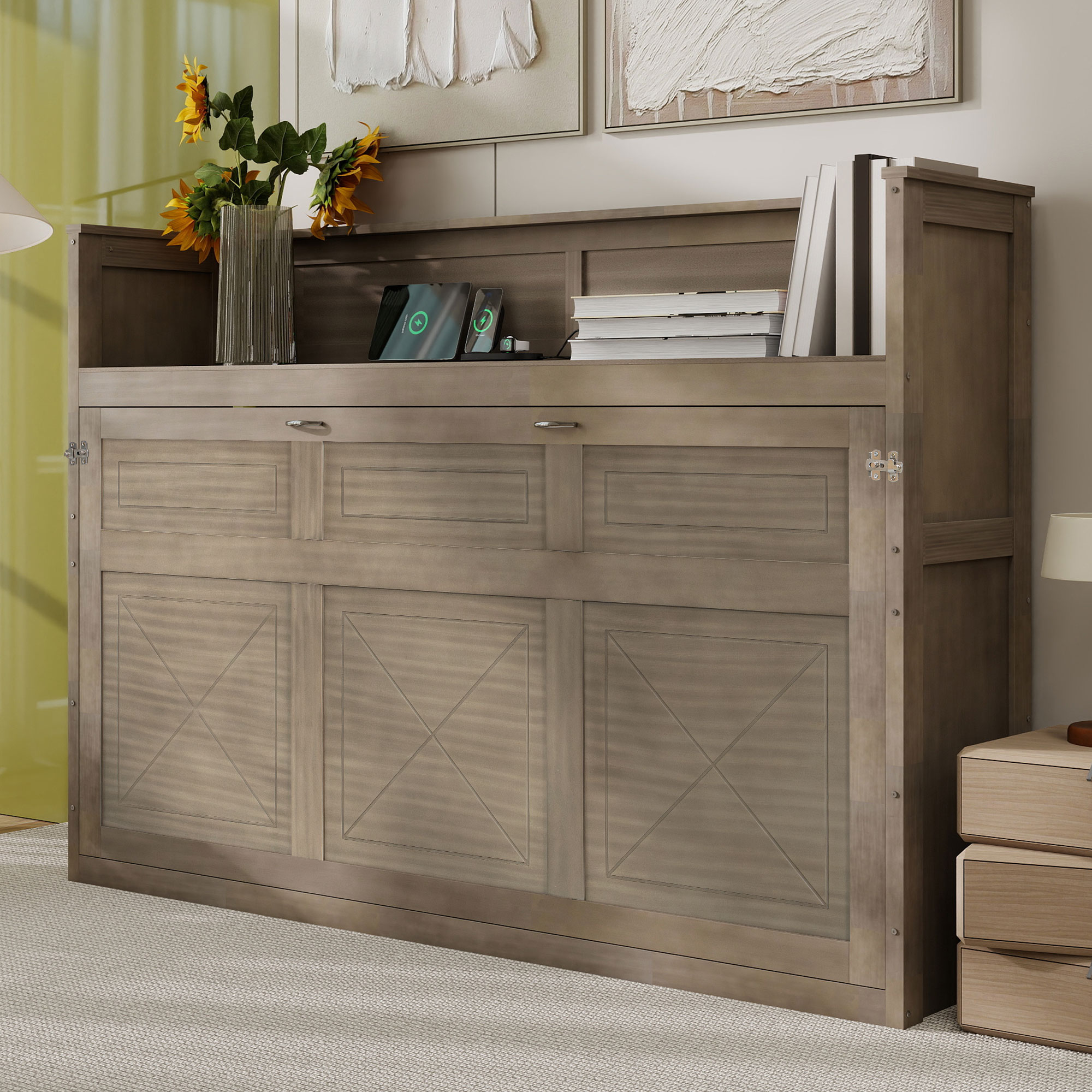 ModernLuxe L3P-N7090005001N Twin XL Size Murphy Bed with DeskLED Light and USB Charging StationGray Wash