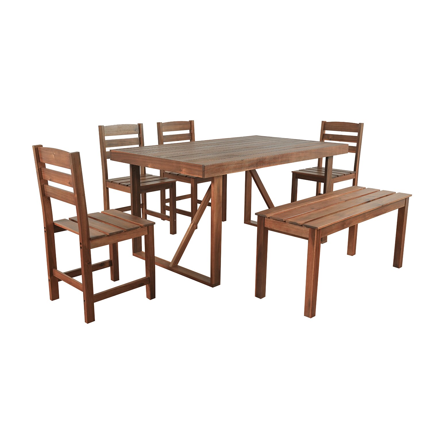 SINOFURN SYA020358BN 6 -Piece Brown Patio Dining Set Wood Rectangle Table with 4 Stationary Chairs