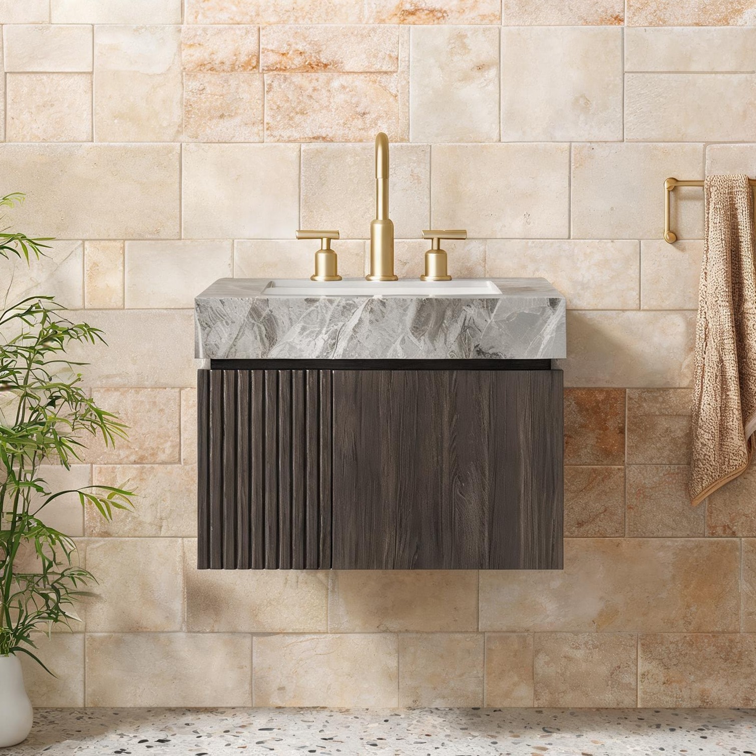 Naturefalls - Floating Bathroom Vanity in Classic Gray and Espresso 24-Inch with Sintered Stone T...