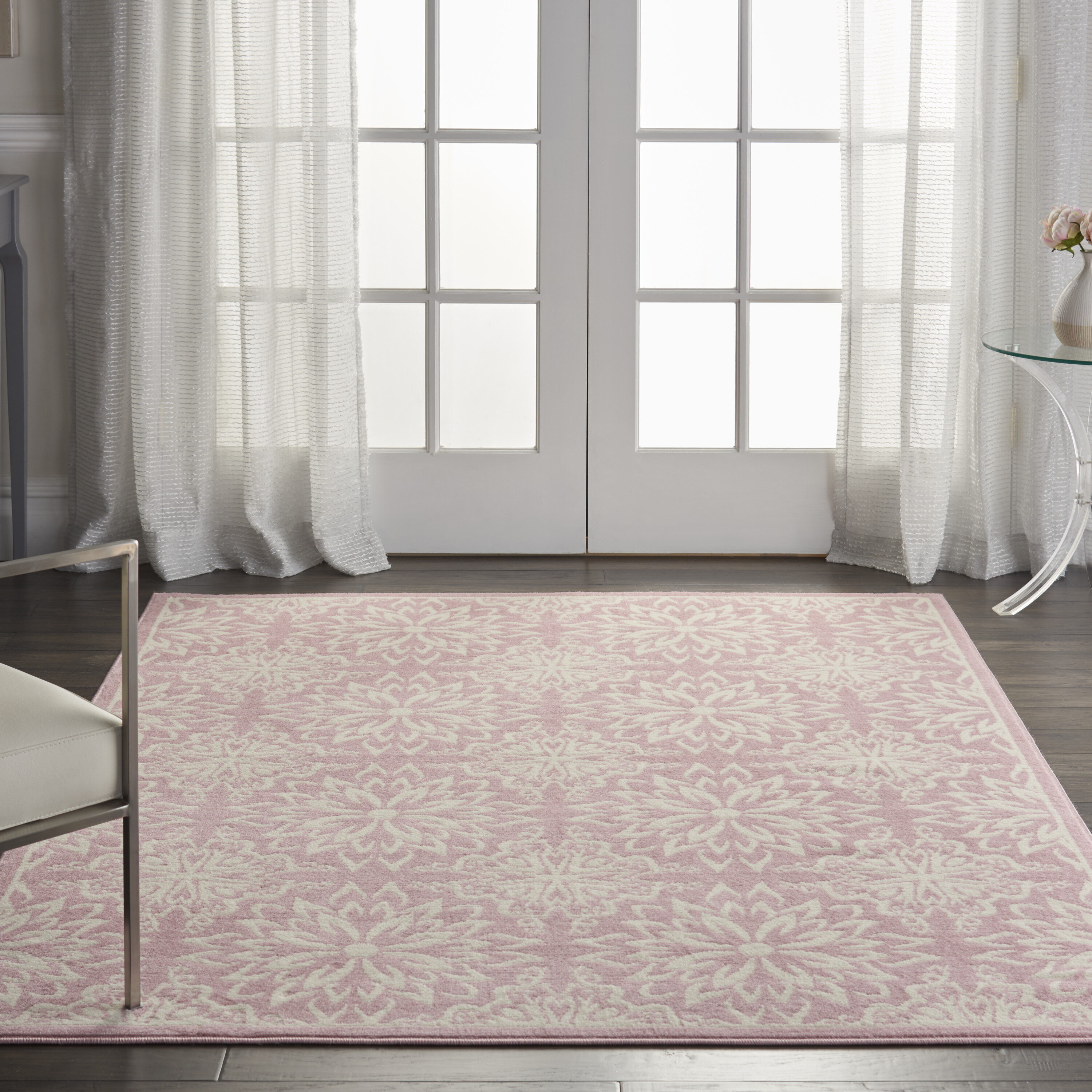 Nourison 99446478559 Jubilant 5 x 8 (ft) Loomed Polypropylene Ivory/pink Rectangular Indoor Abstract Farmhouse/Cottage Area rug