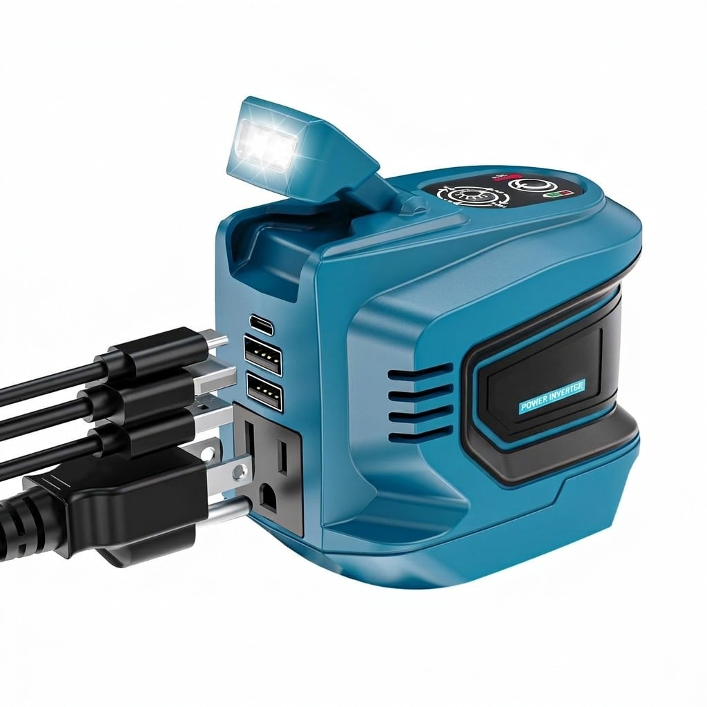 Misopily  200W Power Inverter DC 18V to AC 110V Portable Generator Charger Adapter with USB Type C AC Outlet and LED Light for Outdoor Use