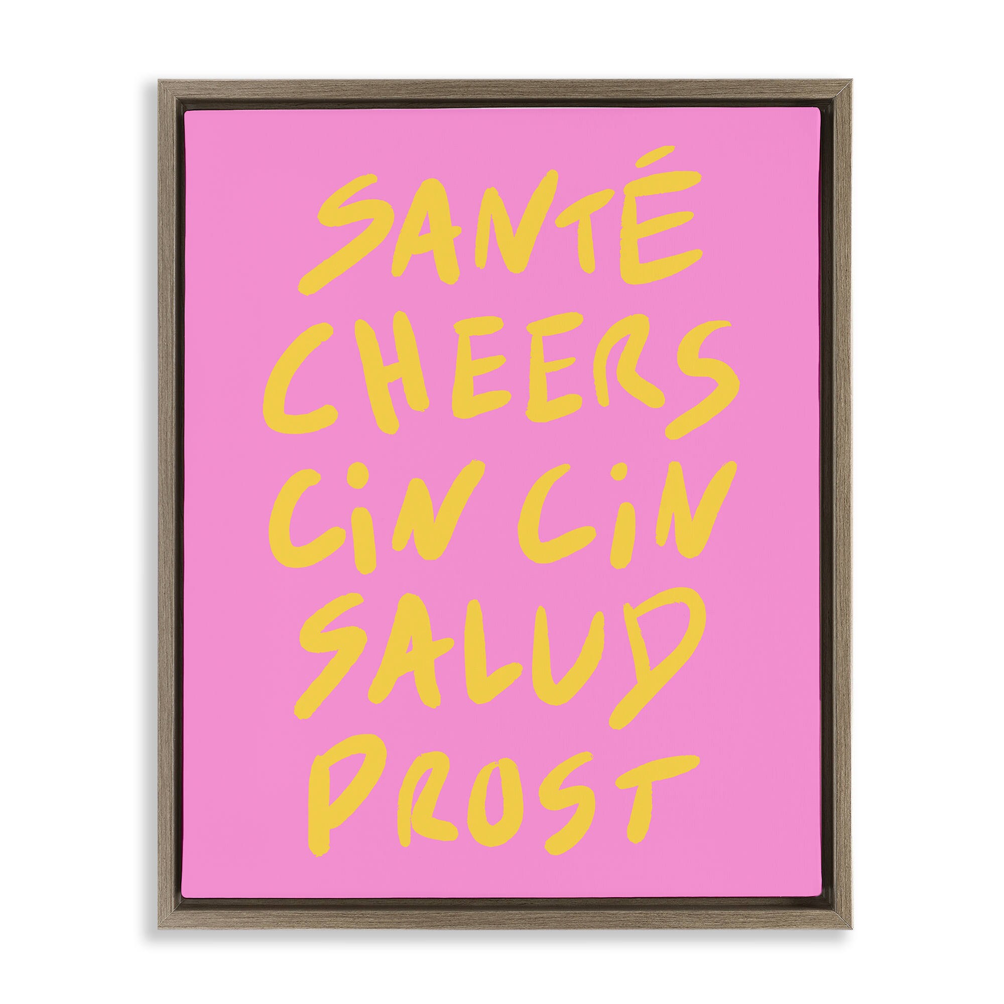 Stupell Industries BS-936-FFE-24X30 Multilingual Cheers on Pink Brown Framed Floater Canvas Wall Art By House of Lulu 25 x 31